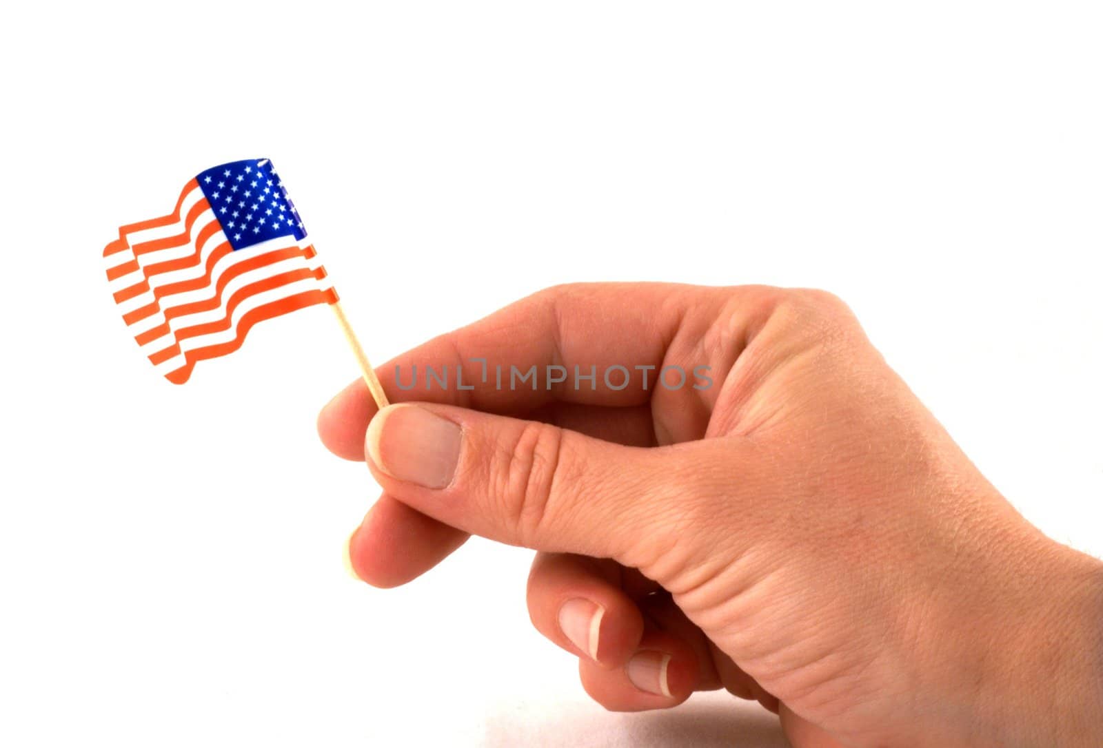 Hand holding up an american flag.