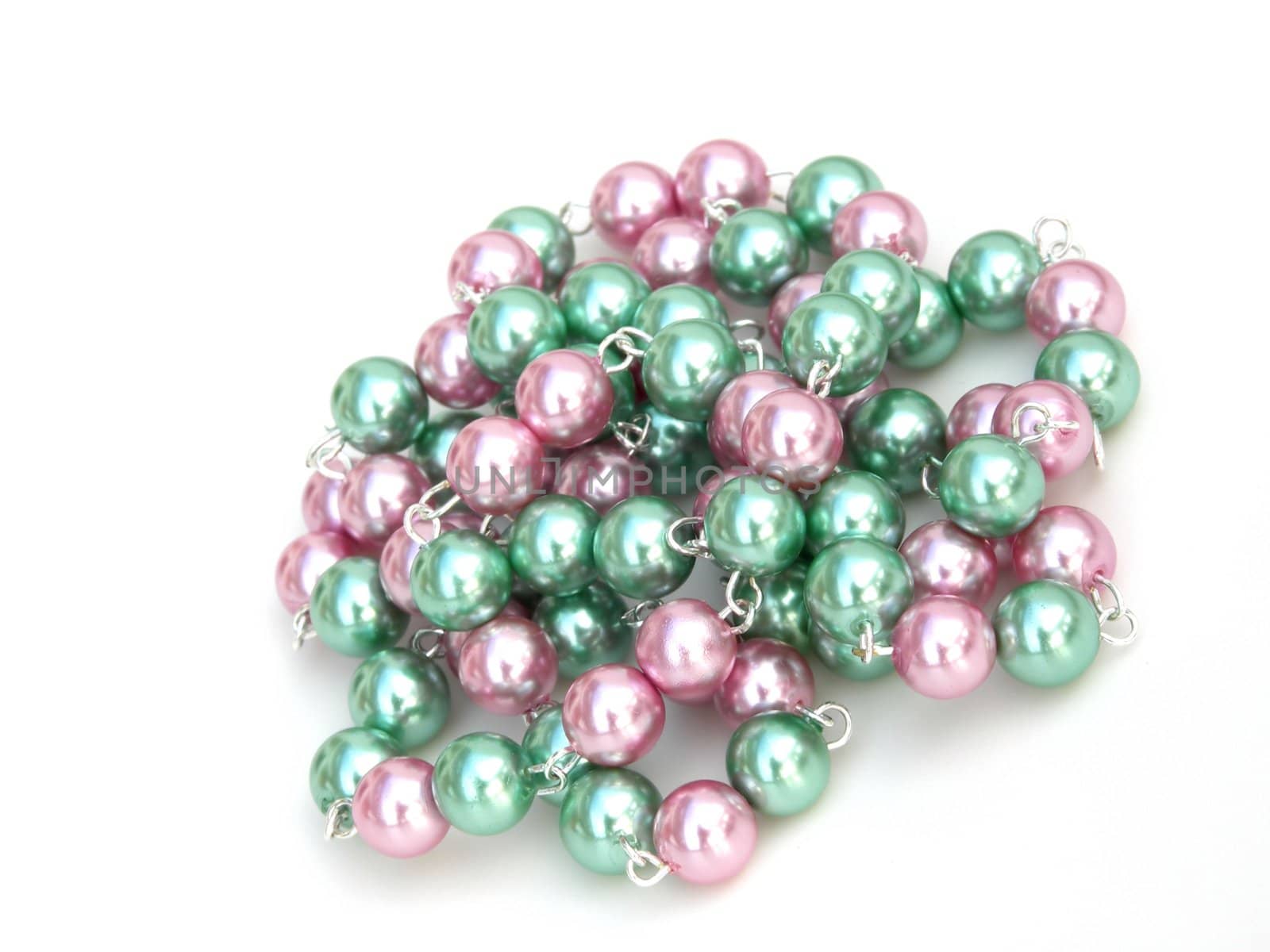 Green and pink pearl necklace.