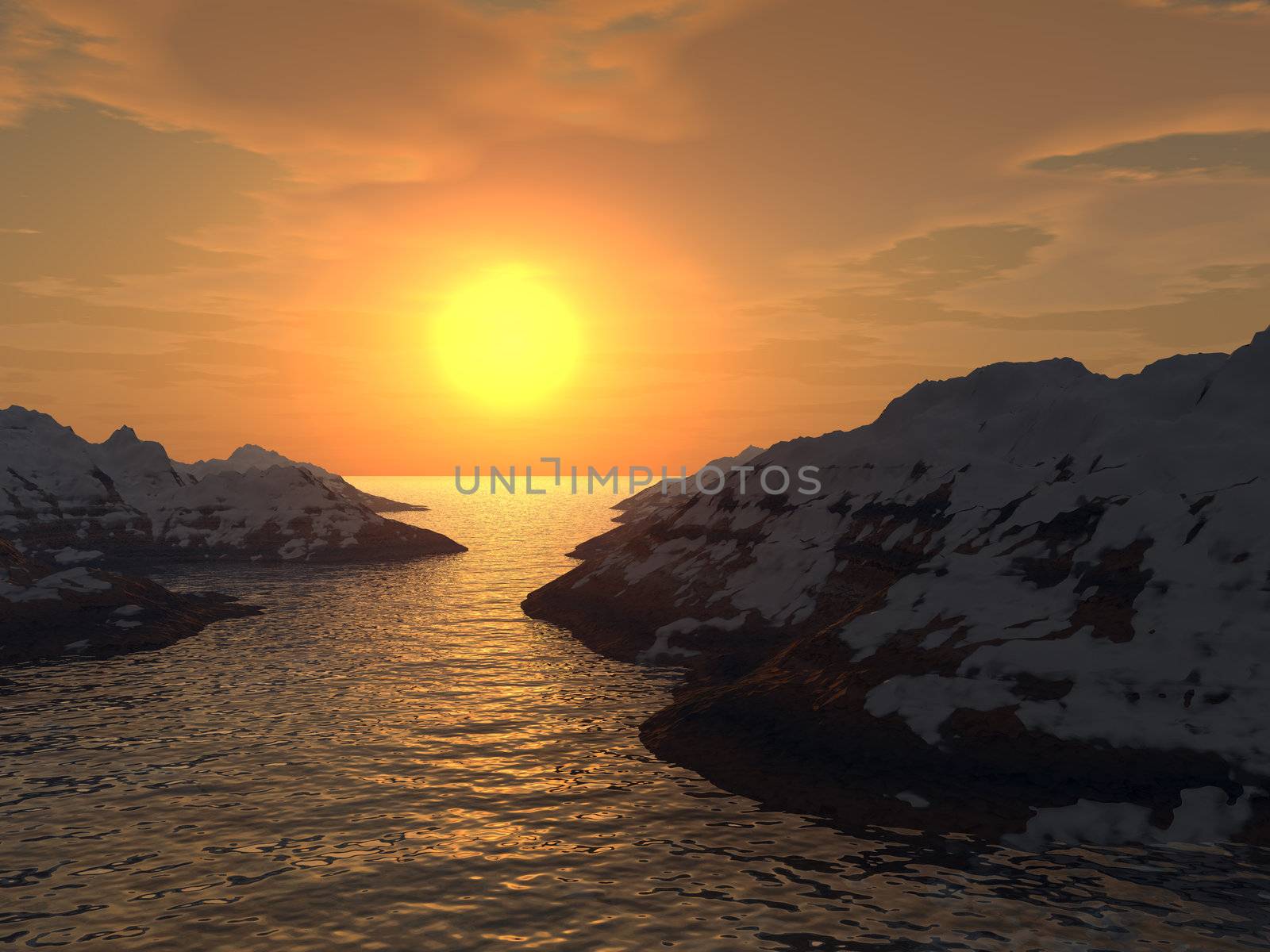Yellow sunset in a gulf. Snow tops of mountains.