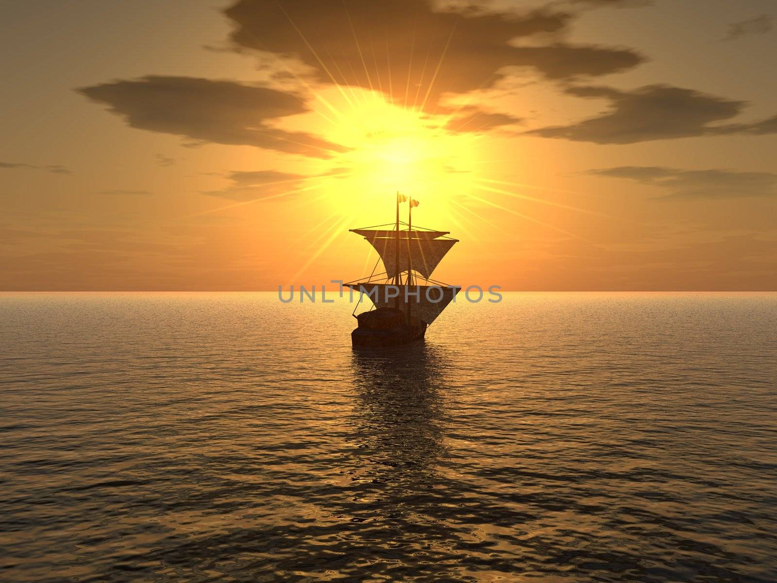 The ship floating in a distance on a background of very effective sunset
