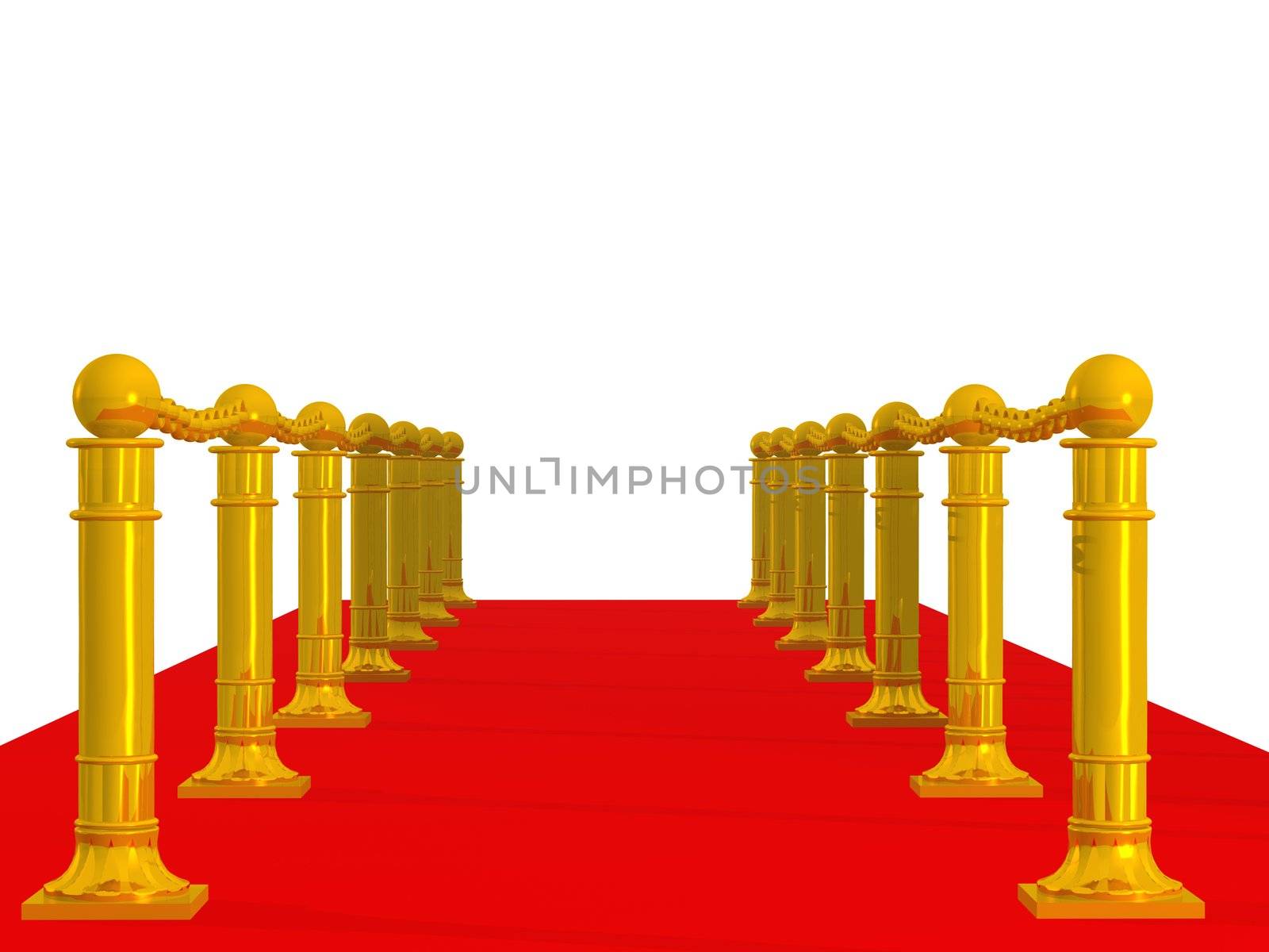 Red path. A fragment of a podium with gold columns