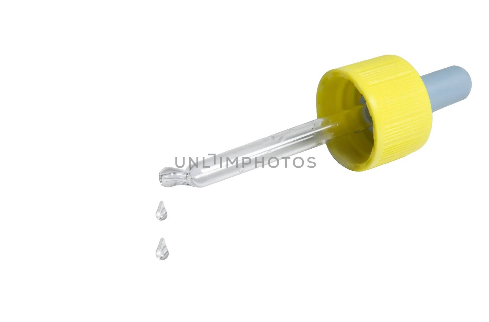 Pipette with the yellow handle and falling drops(it is isolated on a white background)