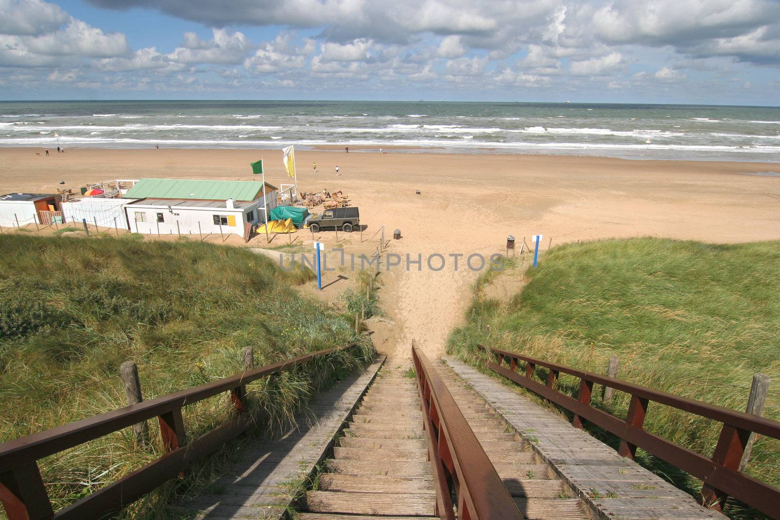 Stairs to the beach and cafe on the Dutch coast