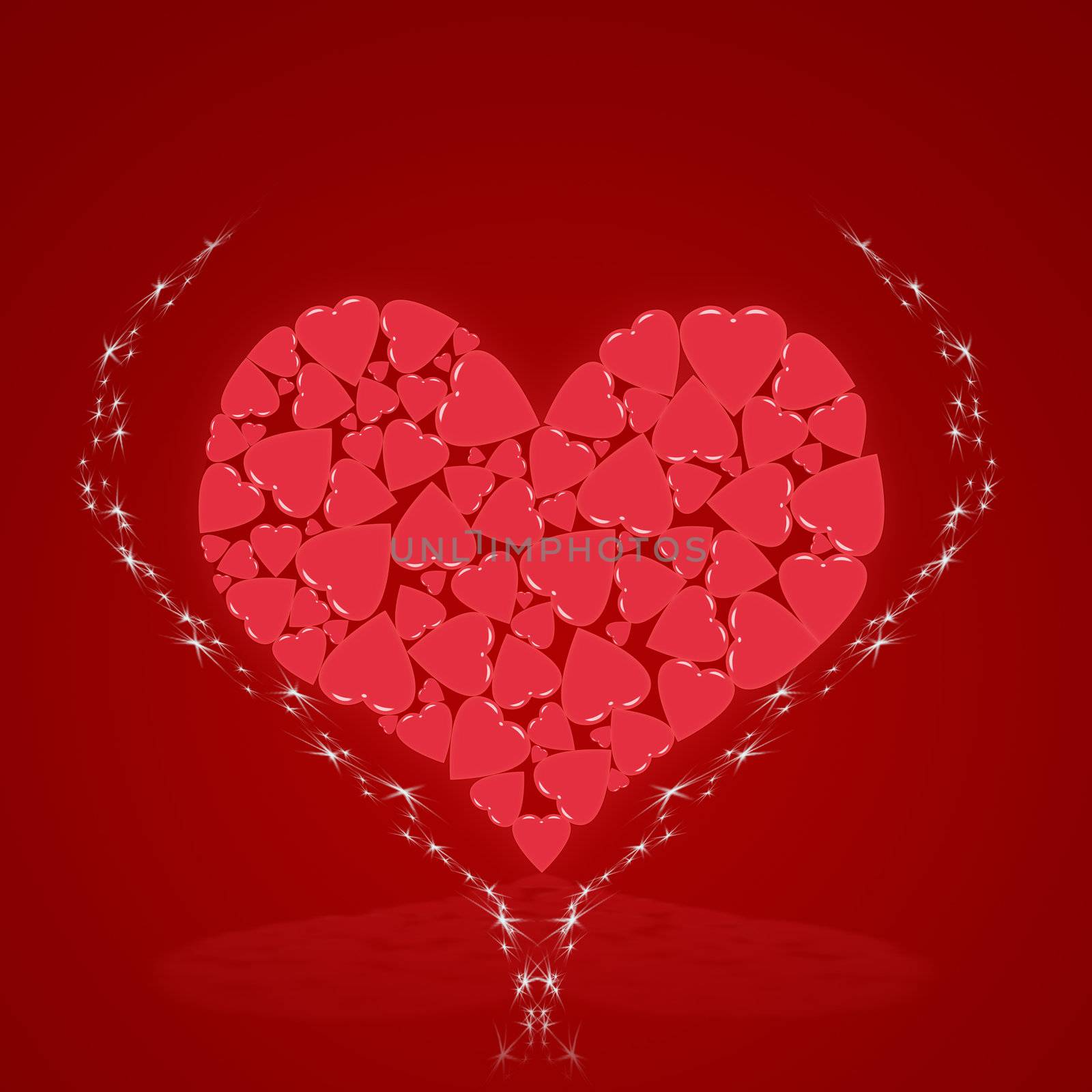 Abstract heart consisting of hearts. On a red background.