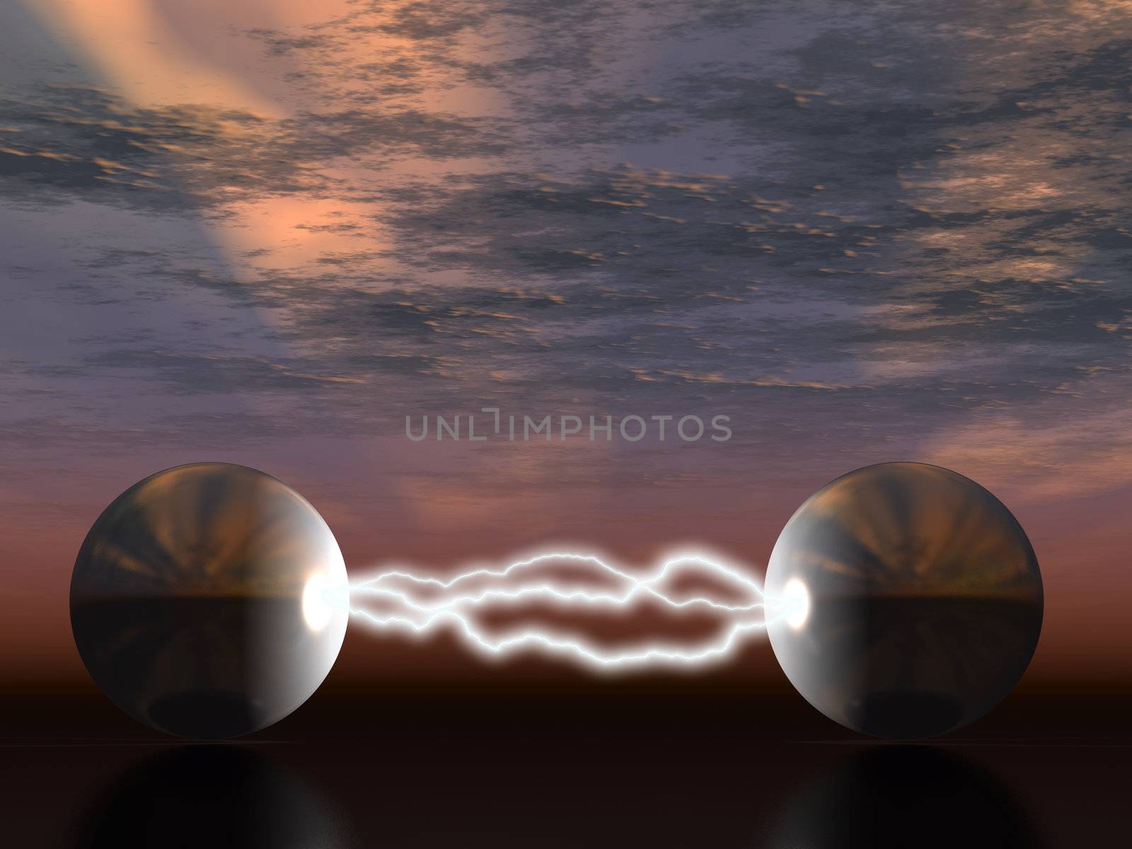 The electric lightning  between two fantastic spheres on a background of the storm sky