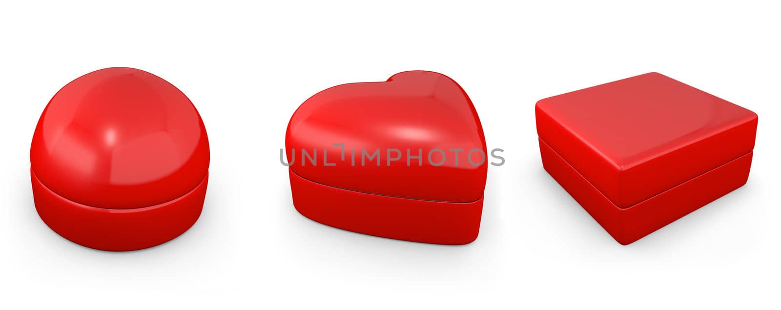 Three closed ring boxes, spherical, rectangular and heart shaped, isolated on white background