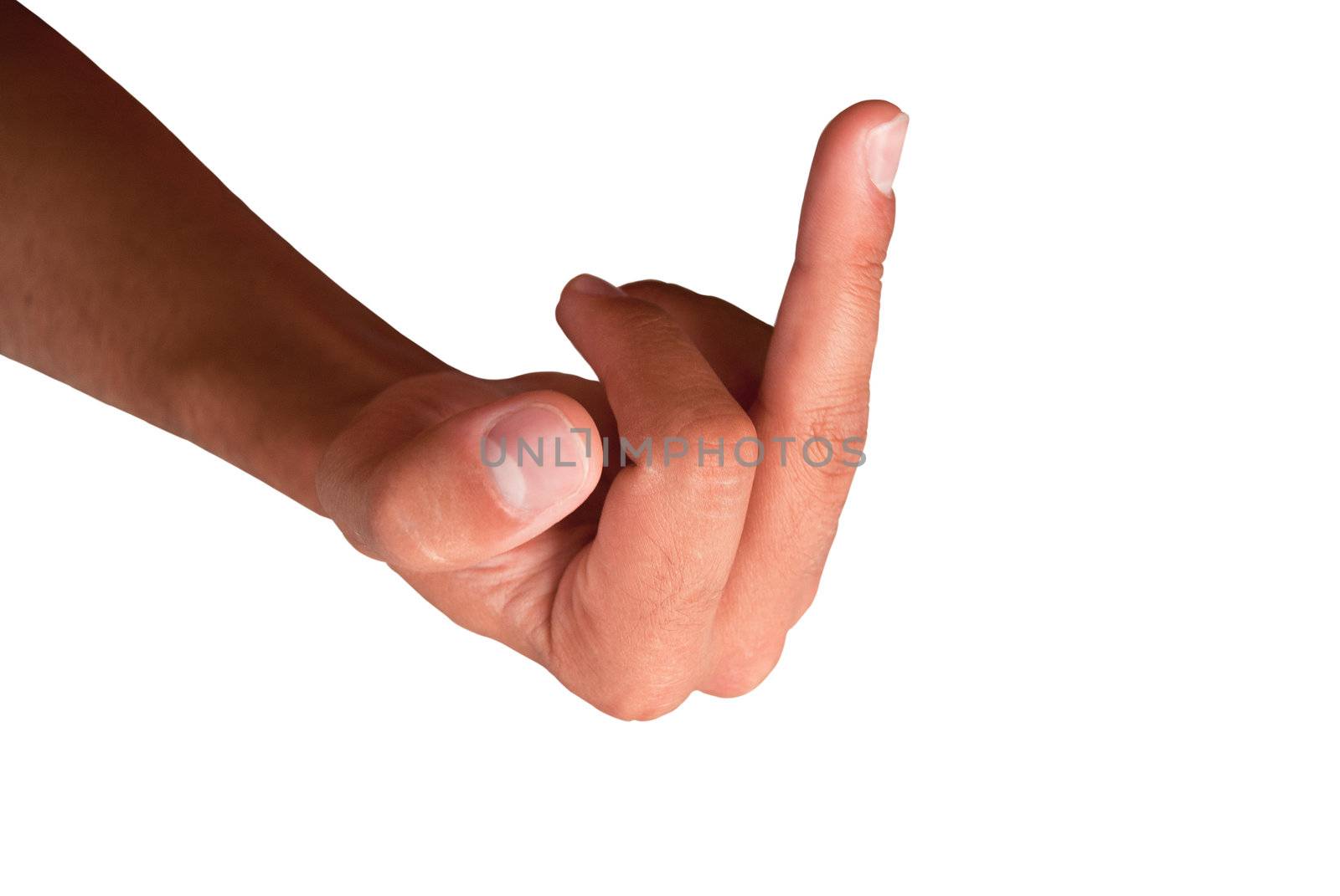 hand and finger pointing at / showing middle finger gesture