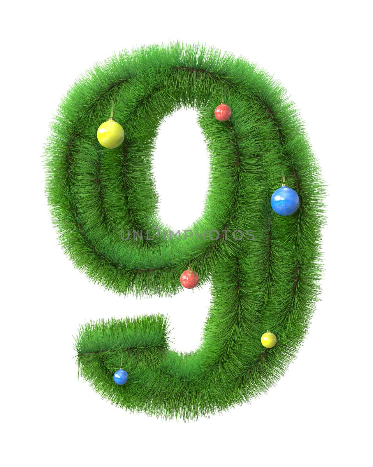 9  number made of christmas tree branches isolated on white background