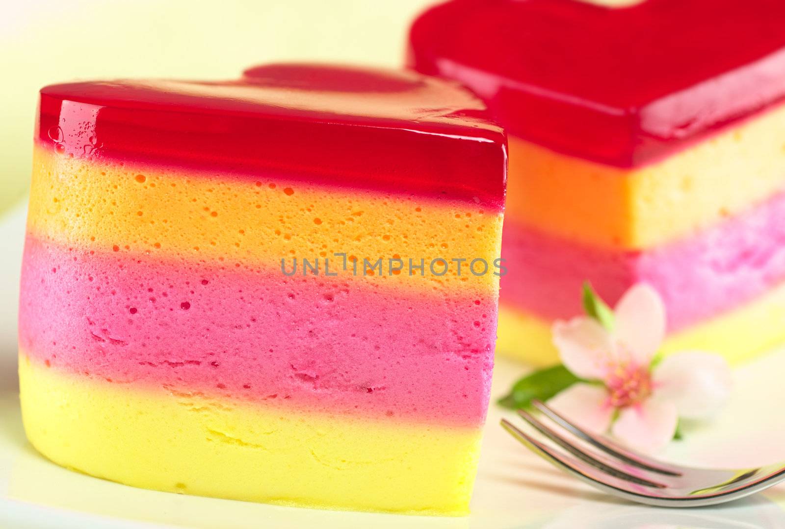 Colorful Peruvian heart-shaped jelly-pudding cakes called Torta Helada with a peach blossom and a fork on the plate (Selective Focus, Focus on the front surface of the left cake)