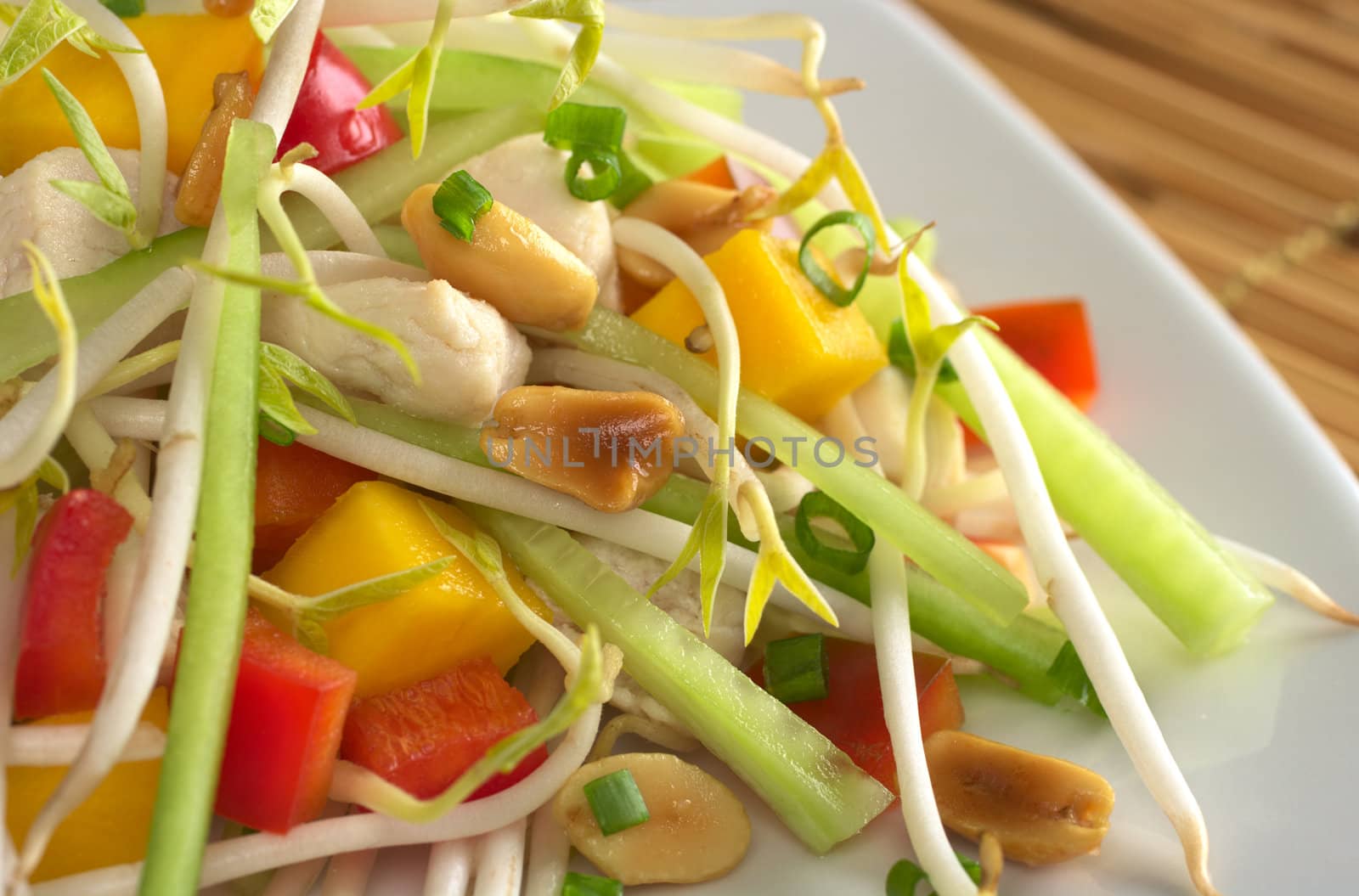 Fresh Asian salad with chicken, mango, cucumber, bean sprouts, red bell pepper and peanuts (Selective Focus, Focus on the peanut and the chicken in the middle left upper part)