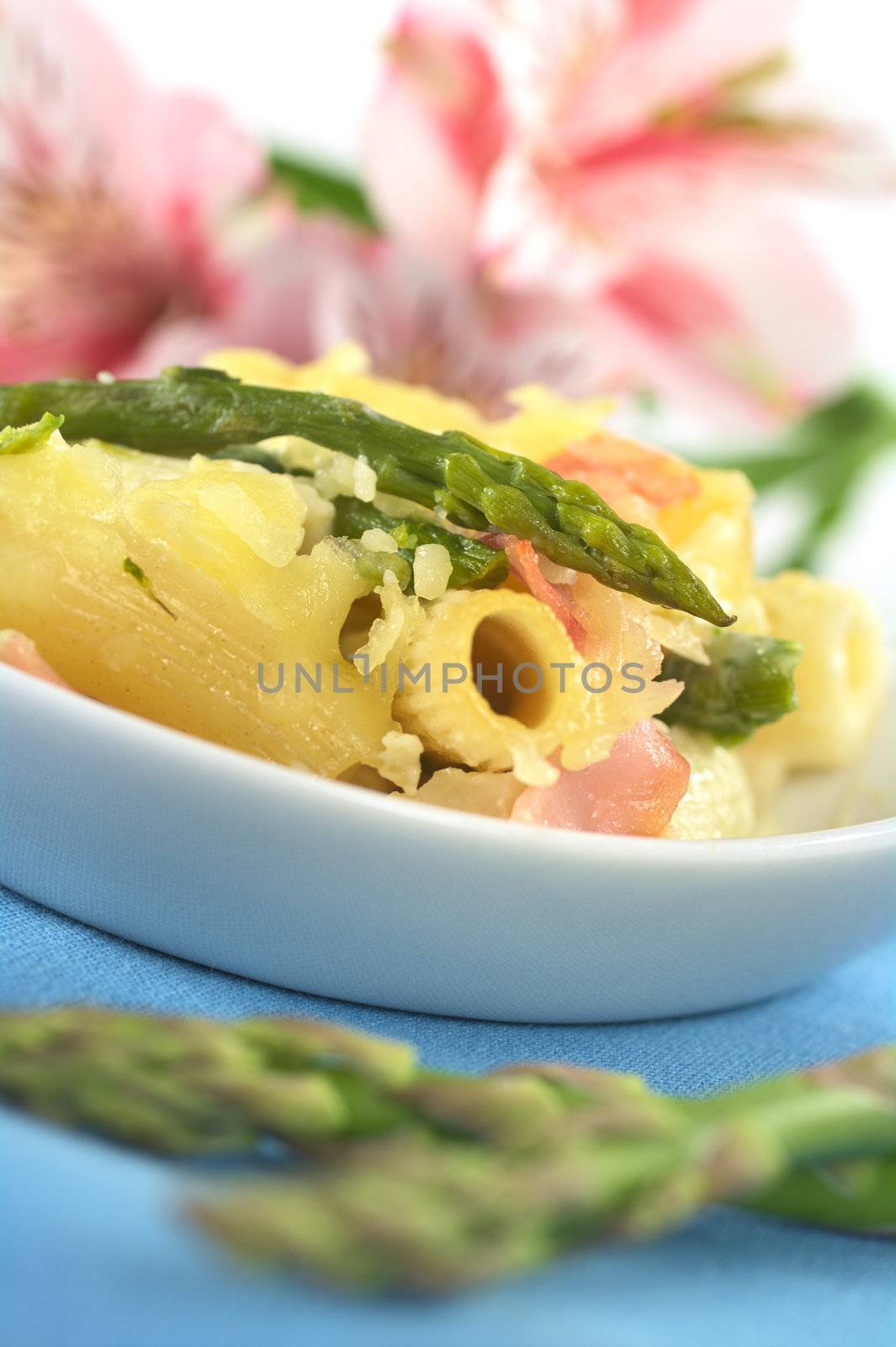Green asparagus-ham-macaroni casserole with grated cheese on top with green asparagus in front and pink Inca Lily in the back (Very Shallow Depth of Field, Focus on the head of the asparagus)