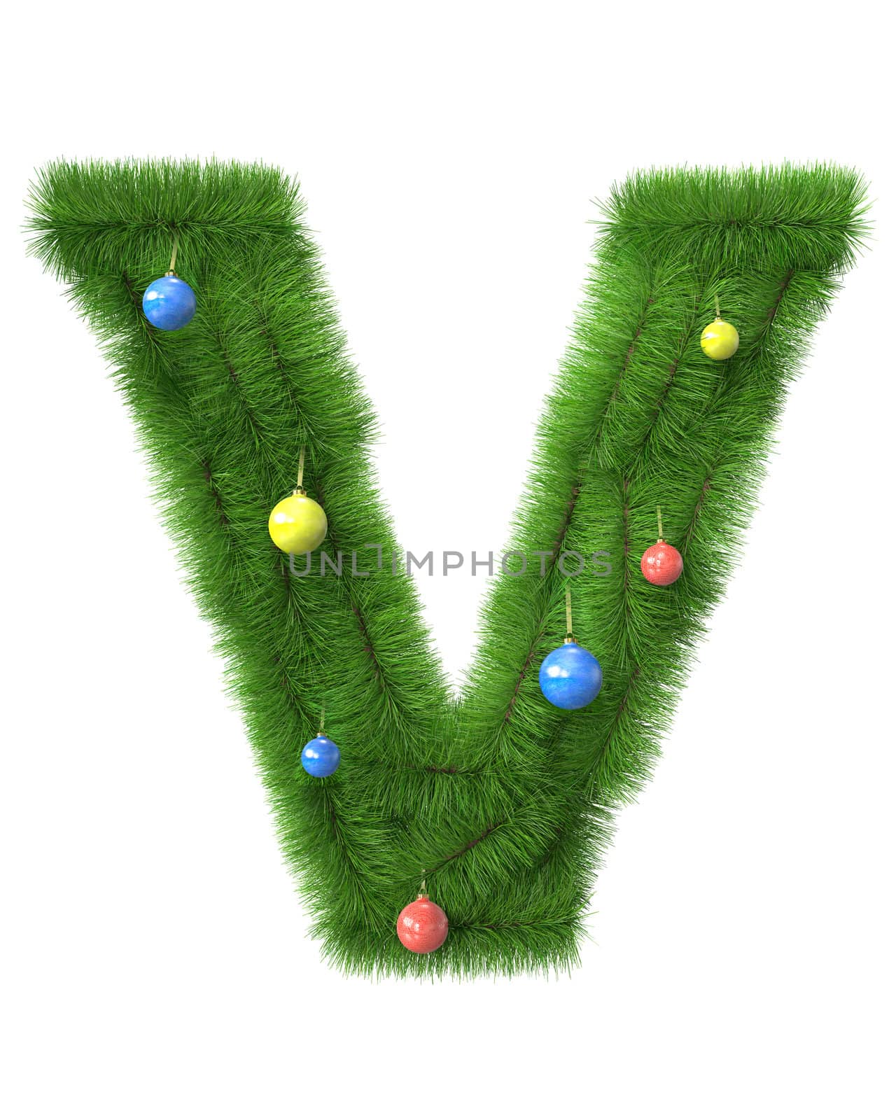 V letter made of christmas tree branches isolated on white background