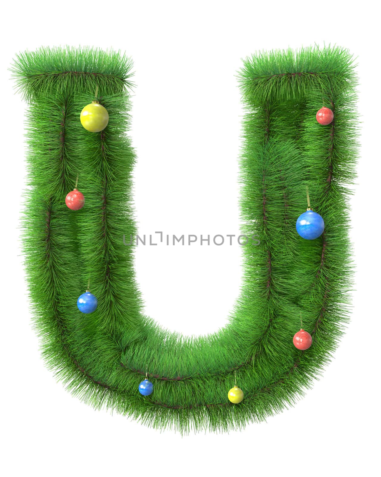 U letter made of christmas tree branches isolated on white background