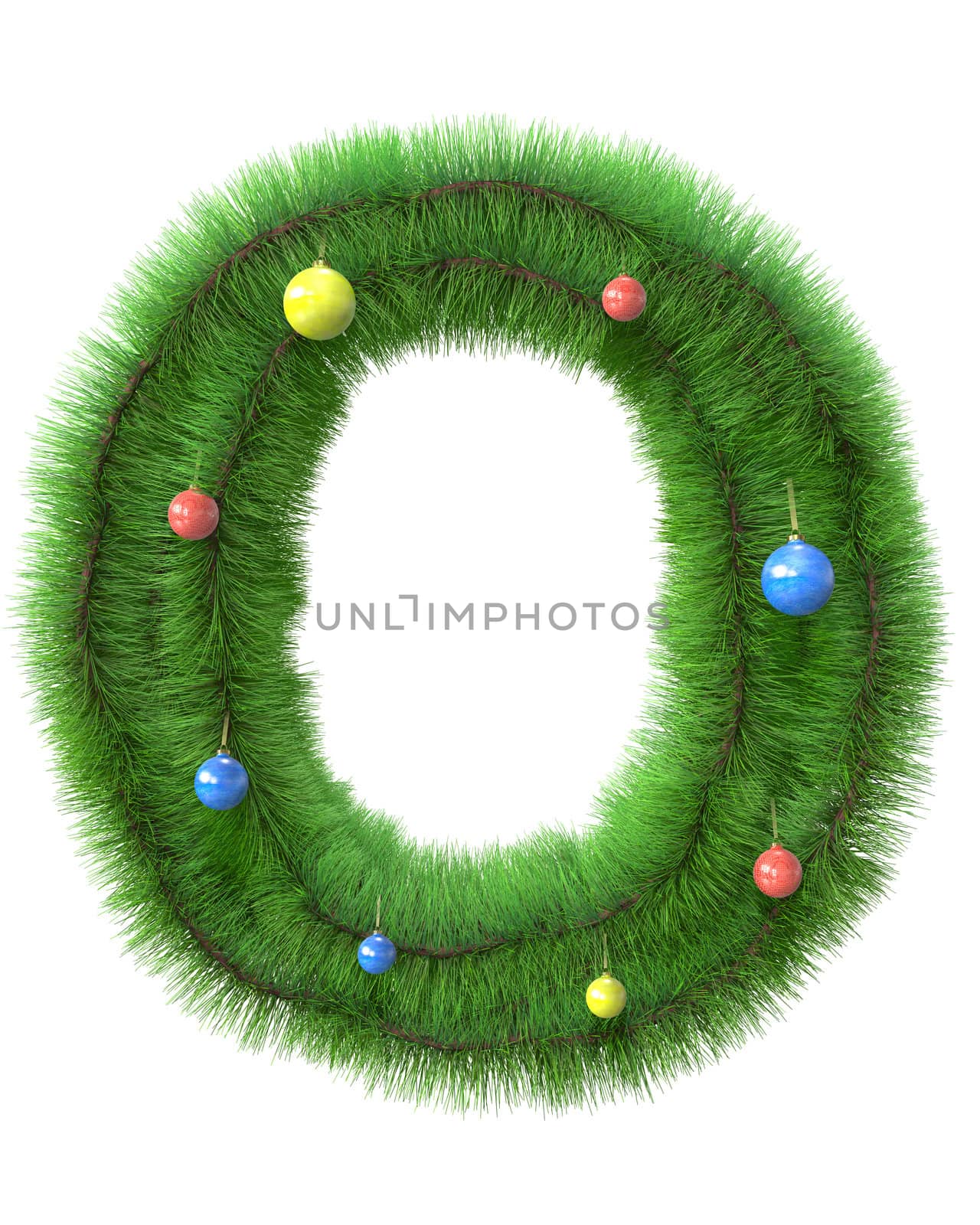 O letter made of christmas tree branches isolated on white background