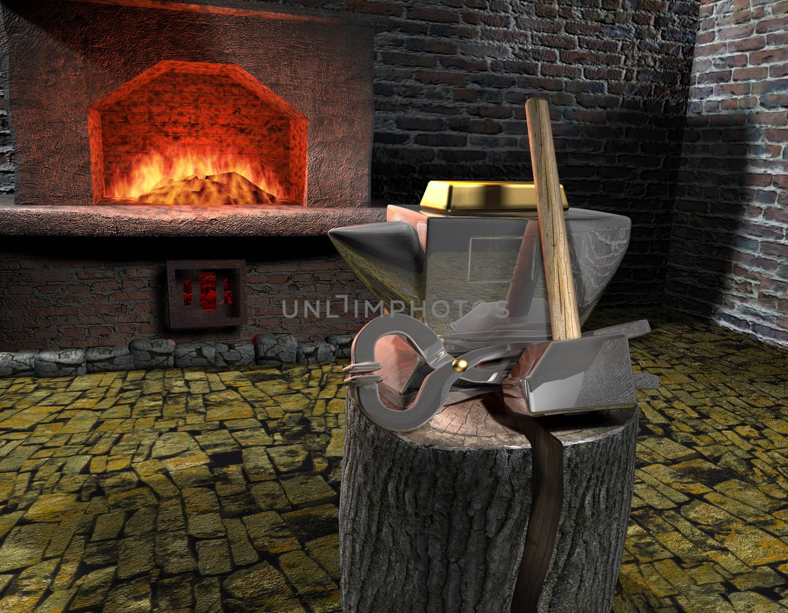 Gold Bar is on the anvil. The anvil is made of silver. Against the backdrop of a forge and fire.
