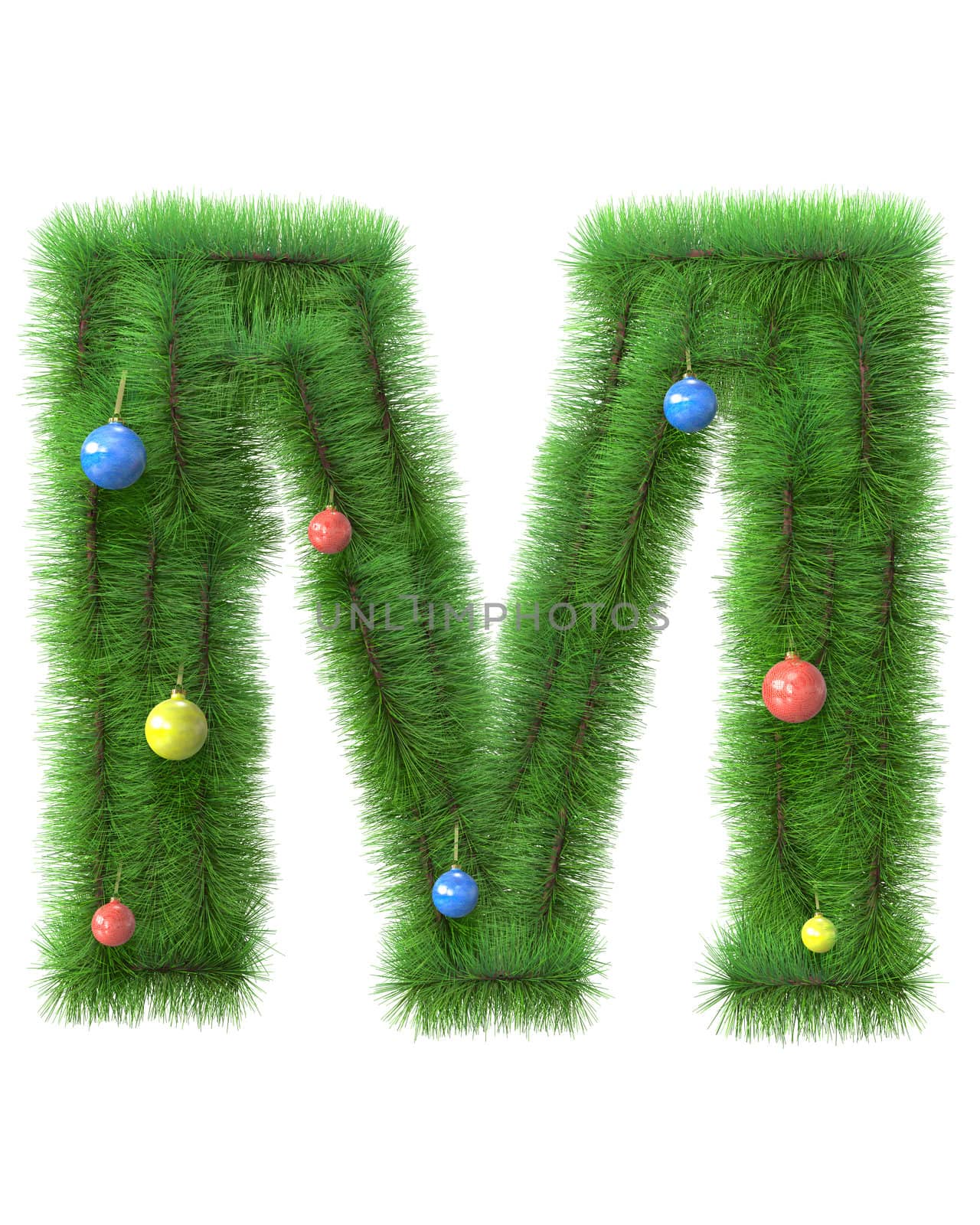 M letter made of christmas tree branches isolated on white background