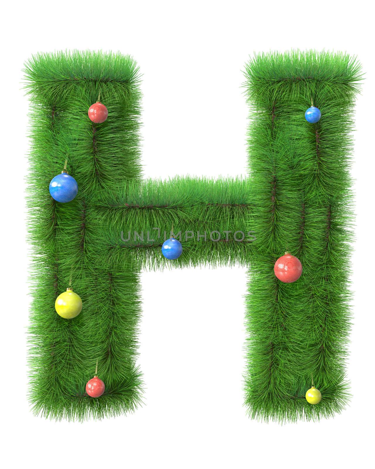 H letter made of christmas tree branches isolated on white background