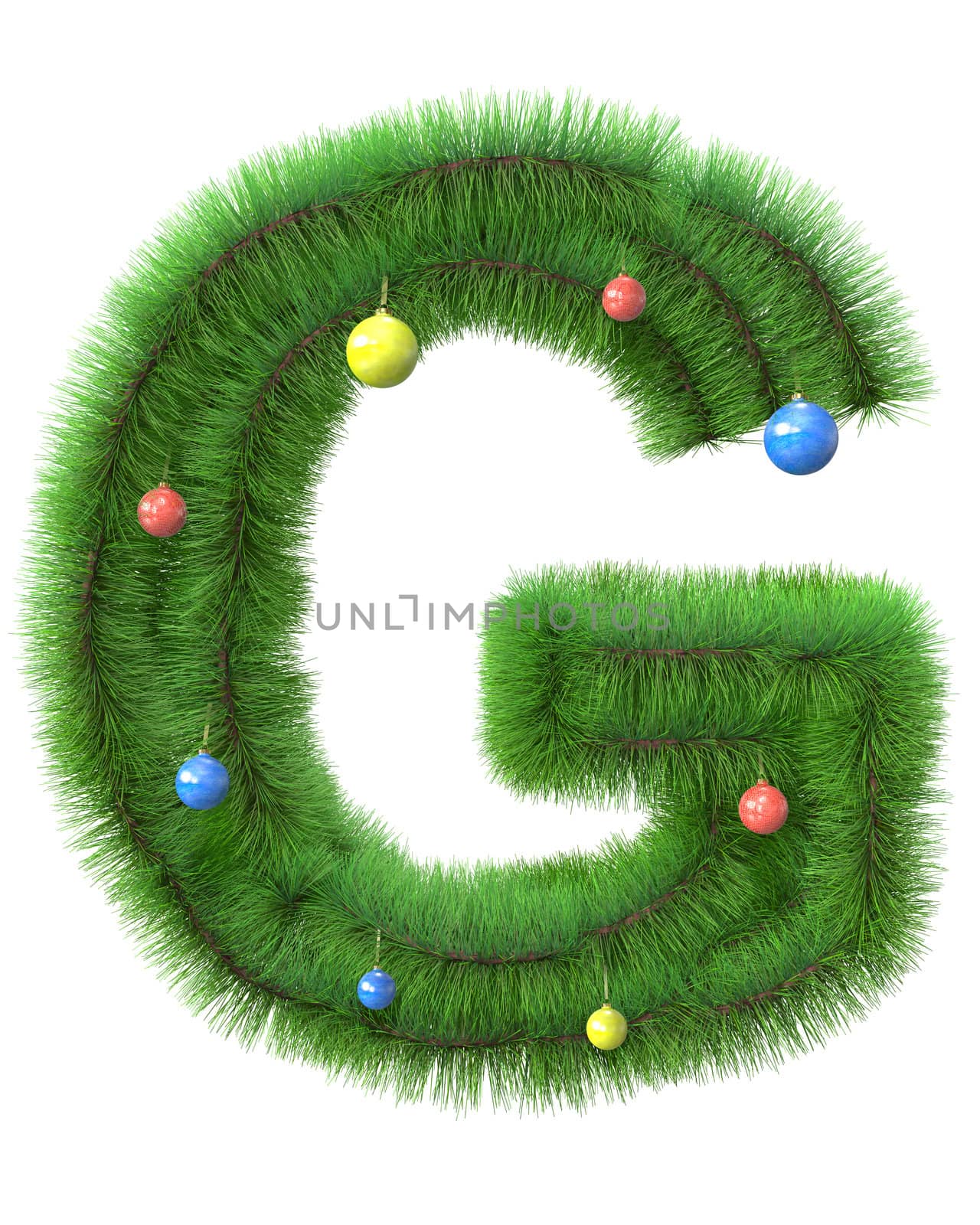 G letter made of christmas tree branches isolated on white background