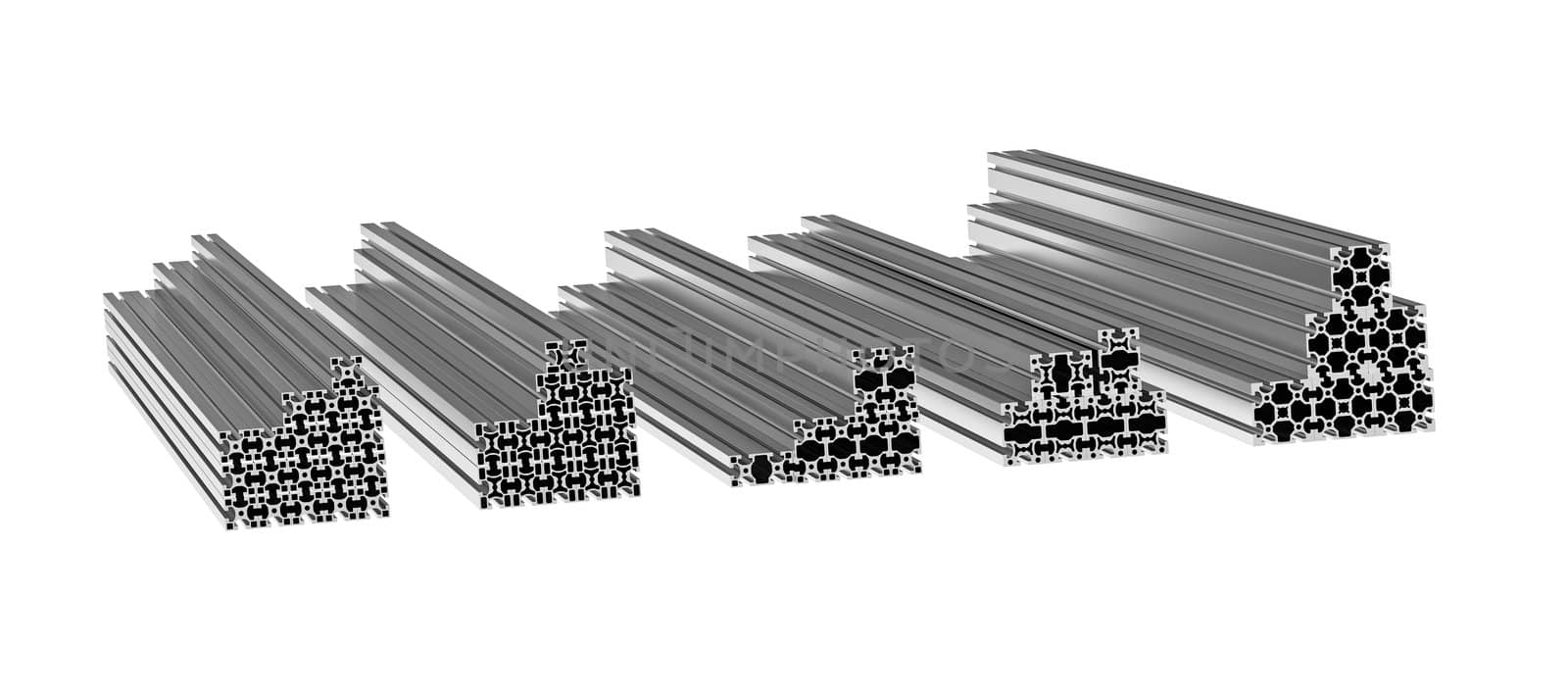 Stack of aluminium extruded profiles isolated on white 3d render