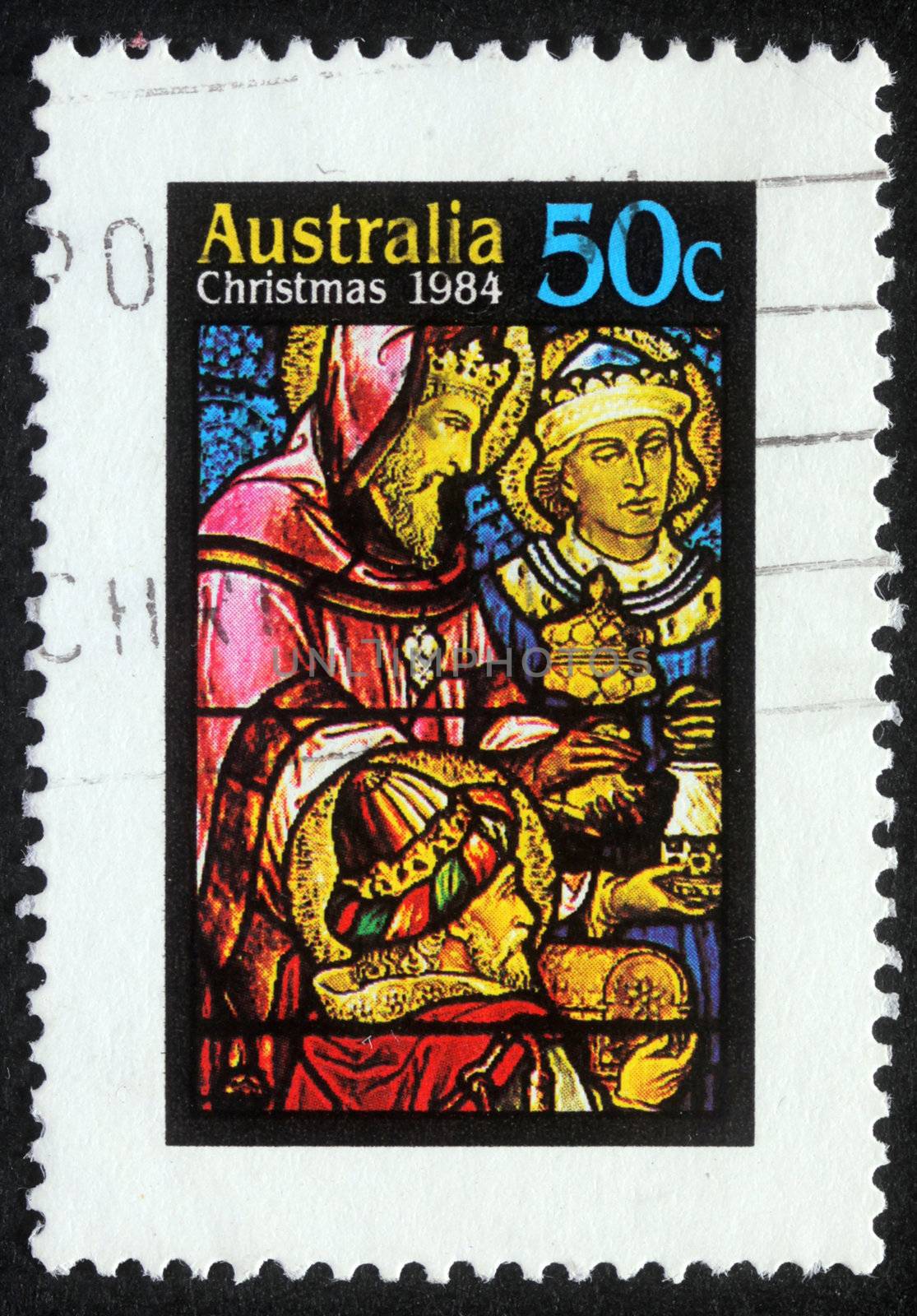 AUSTRALIA - CIRCA 1984: A greeting Christmas stamp printed in Australia shows birth of Jesus Christ, adoration of the Magi