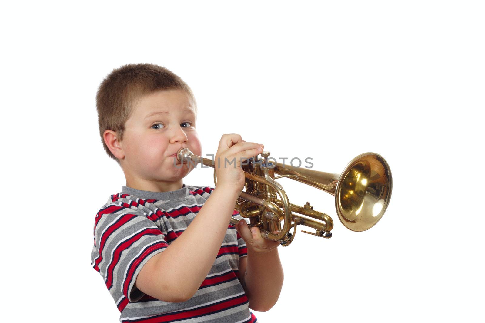 Boy Blowing Trumpet photo on the white background