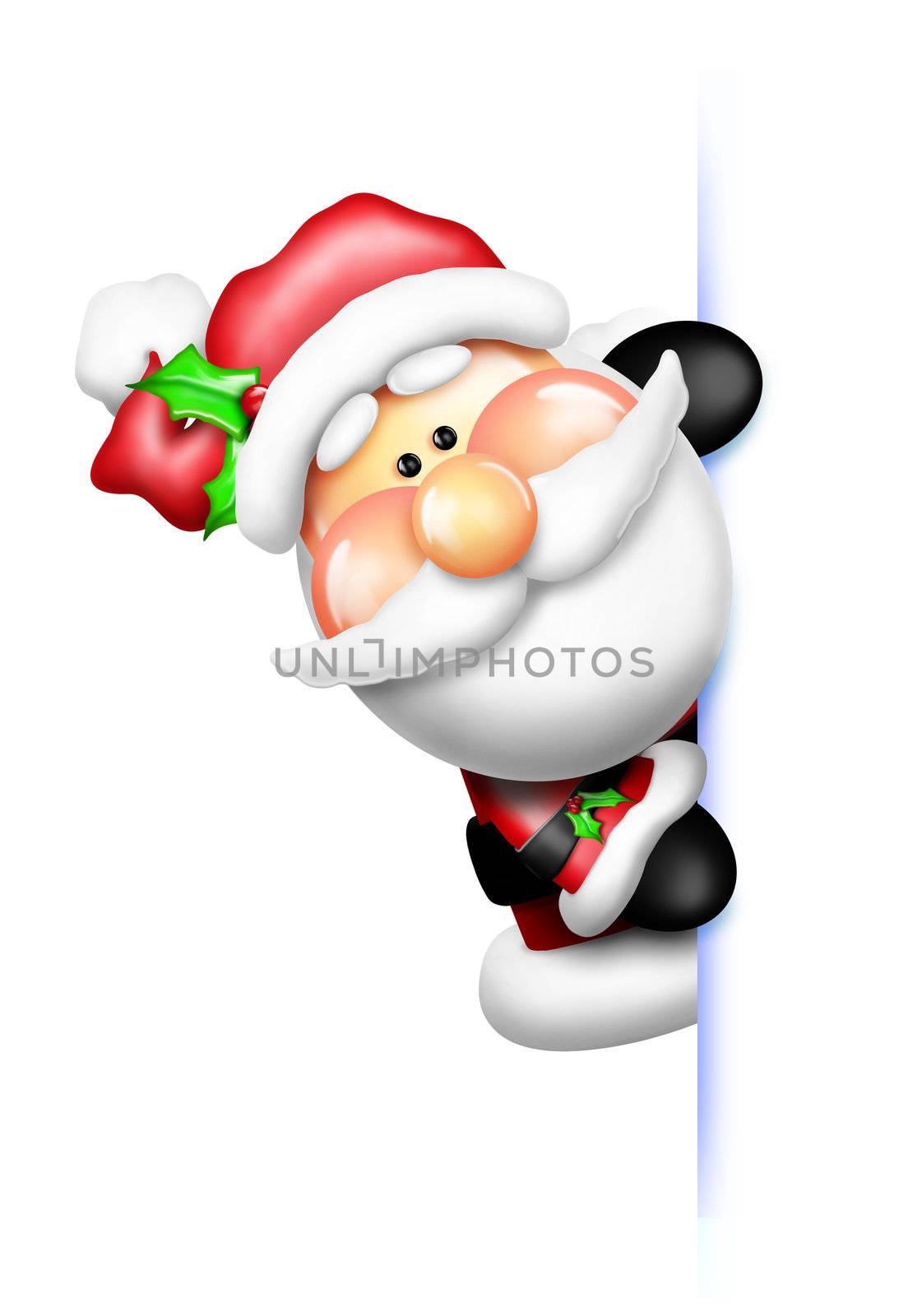 An adorable Santa peeking around a white frame.