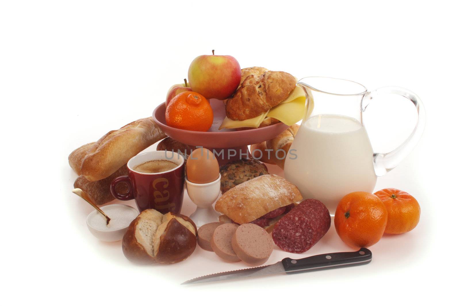 Various bread rolls against a white background