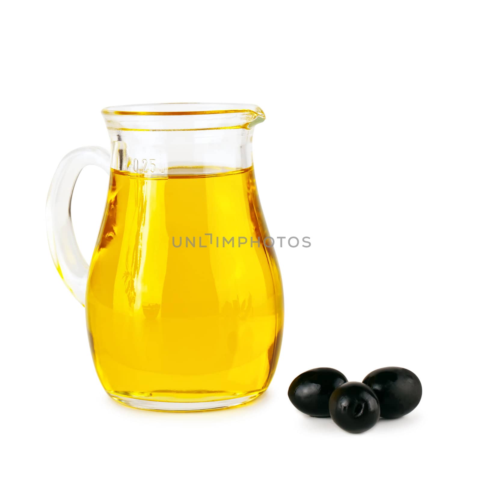 olive oil in glass jar and black olives over white background,copyspace for your text
