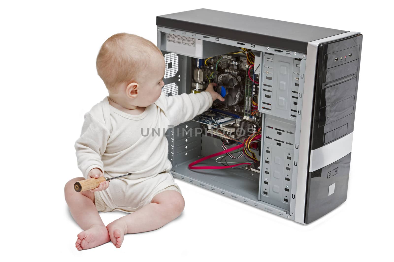 young child with screwdriver in hand working on open computer in white background.