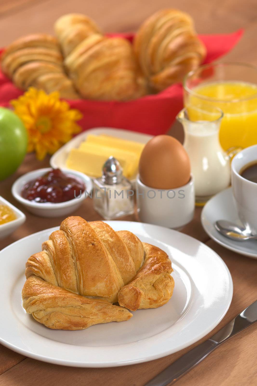 Delicious continental breakfast consisting of coffee, milk, orange juice, croissant, boiled egg, jam, butter and apple (Selective Focus, Focus on the front of the croissant)