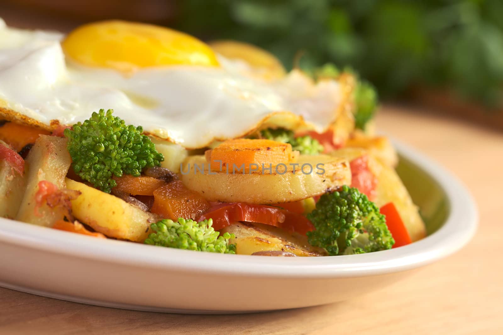 Fried potatoes, tomato, broccoli, onion, carrot with a fried egg on top (Selective Focus, Focus on the broccoli on the left)