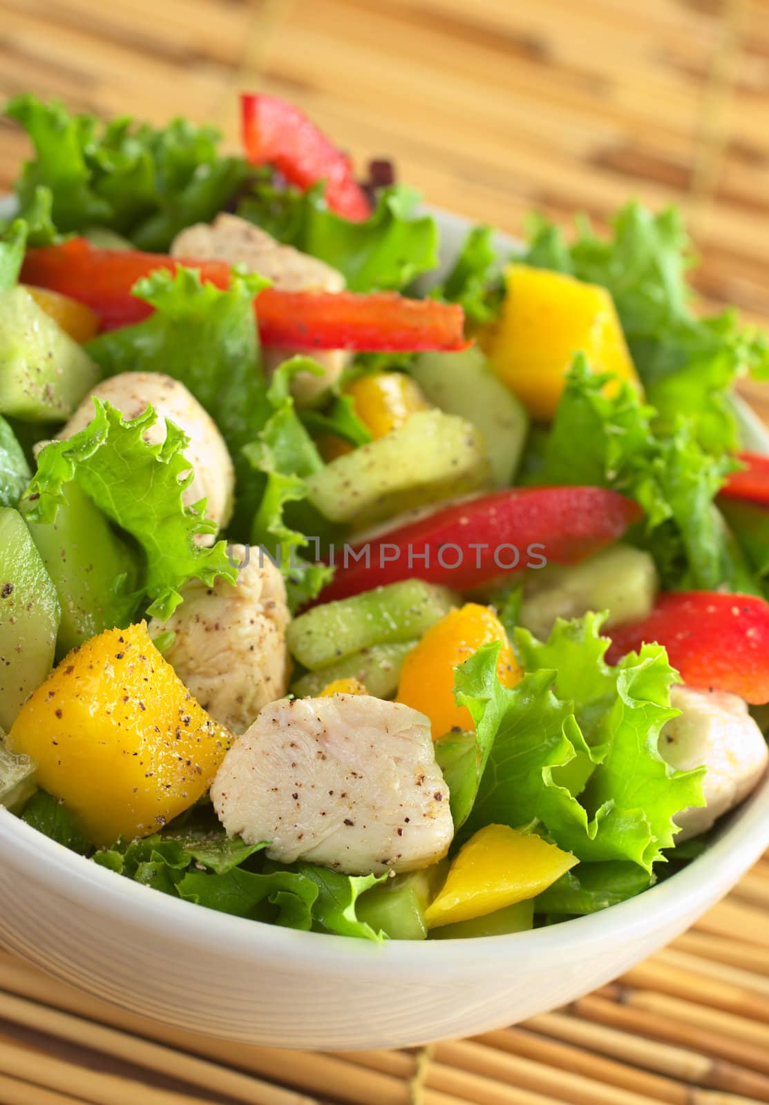 Fresh chicken salad seasoned with pepper with lettuce, mango, red bell pepper and cucumber (Selective Focus, Focus on the meat in the front)