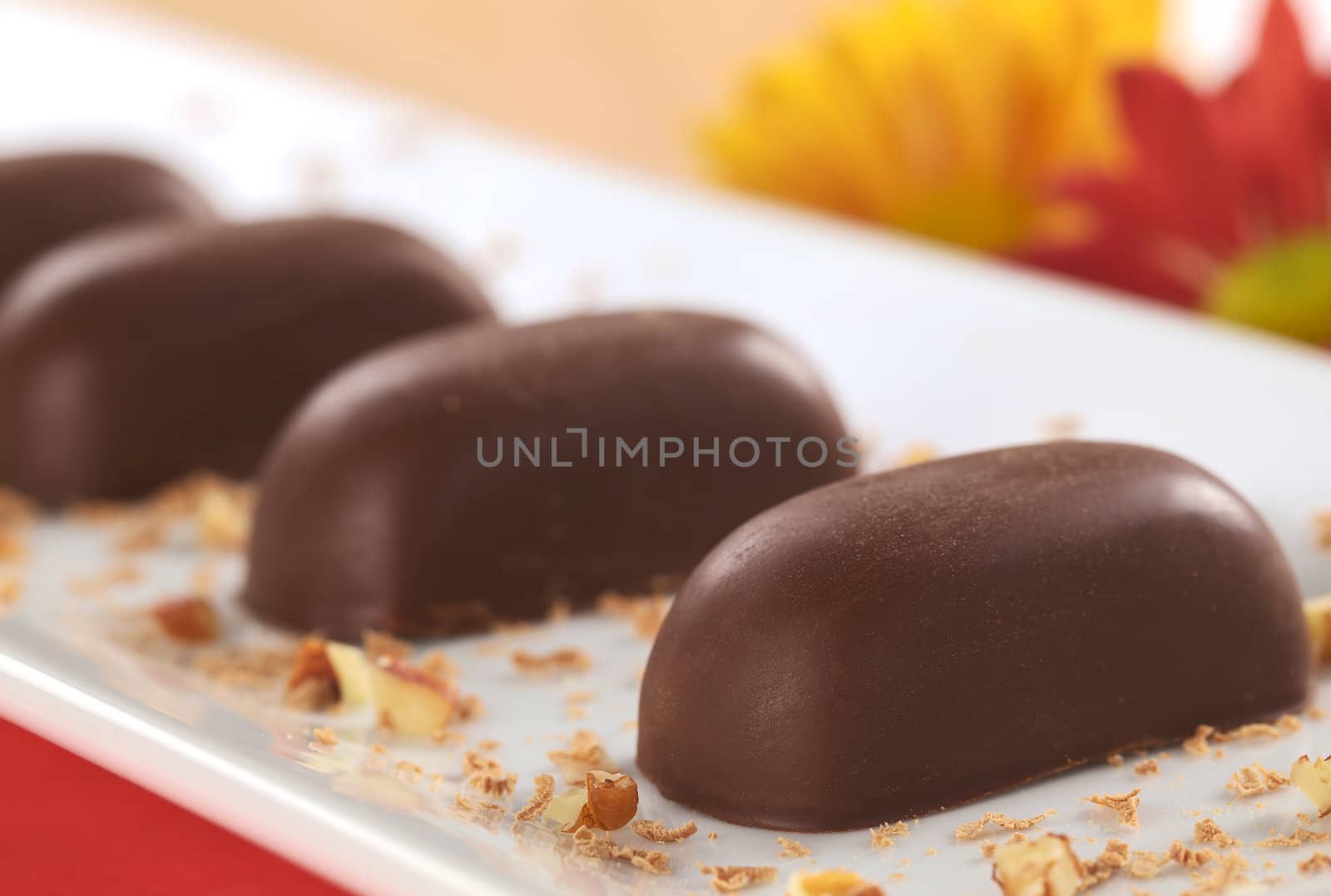 Chocolate candies filled with pecan nut arranged on a long white plate with two flowers in the back (Very Shallow Depth of Field, Focus on the front of the first candy)