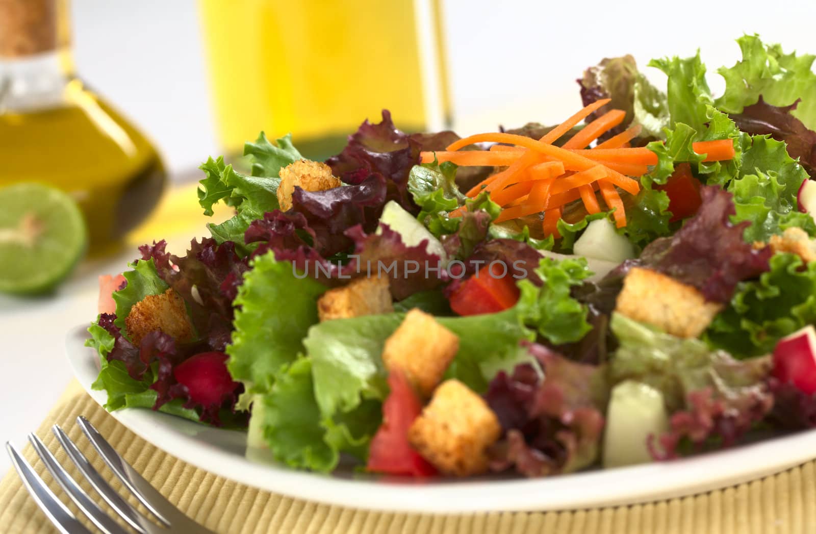 Fresh salad of lettuce, tomato, cucumber, radish, carrot and croutons (Selective Focus, Focus on the carrot on top)