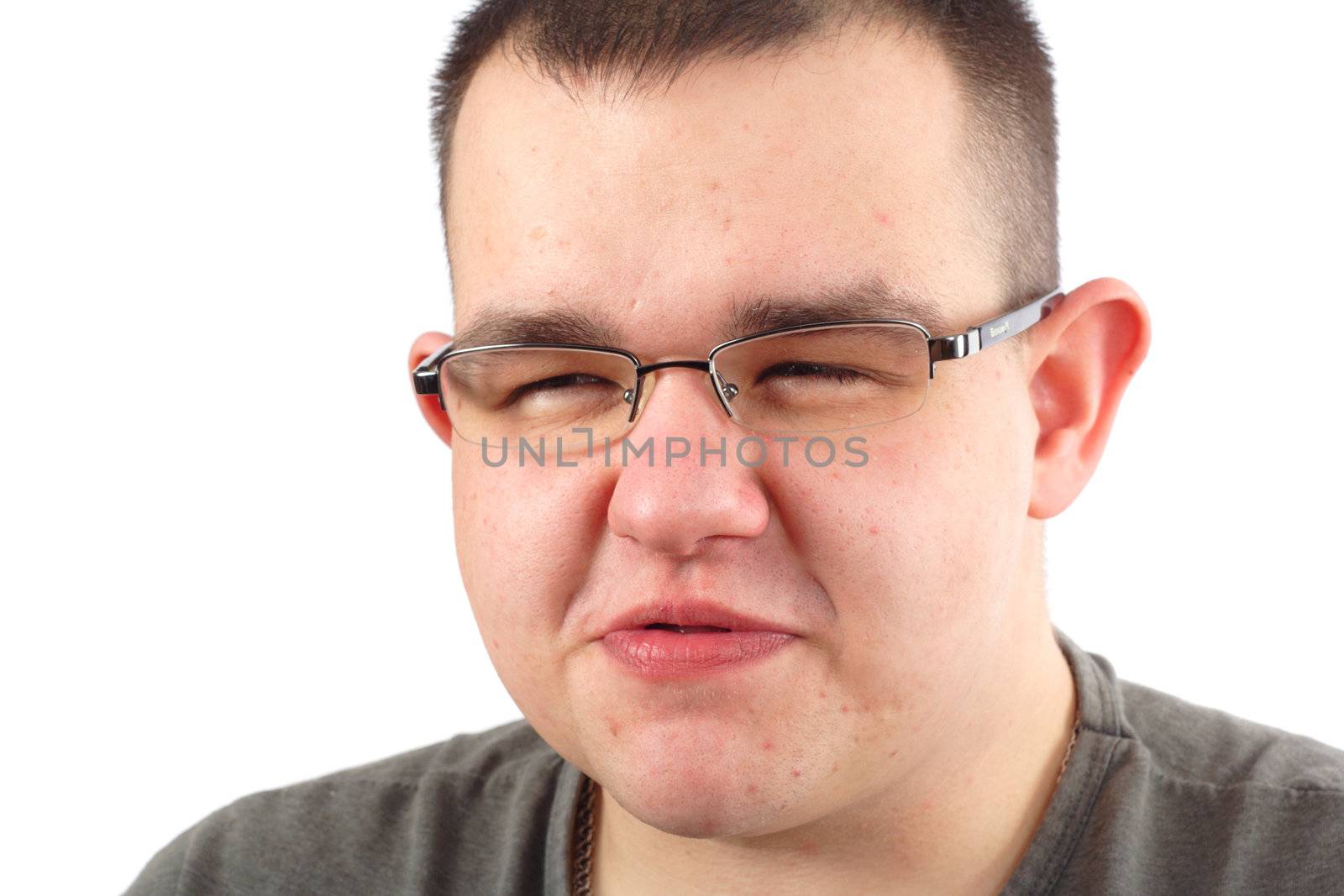 Obese man thoughtful portrait photo on the white background