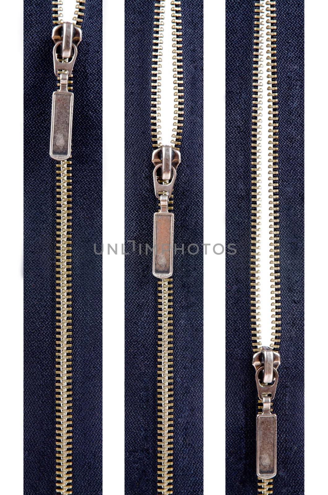 Zipper. Closed, Half Open, Open isolated on white backtroun.