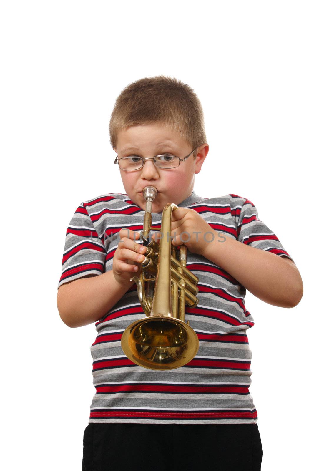 Boy Blowing Trumpet photo on the white background