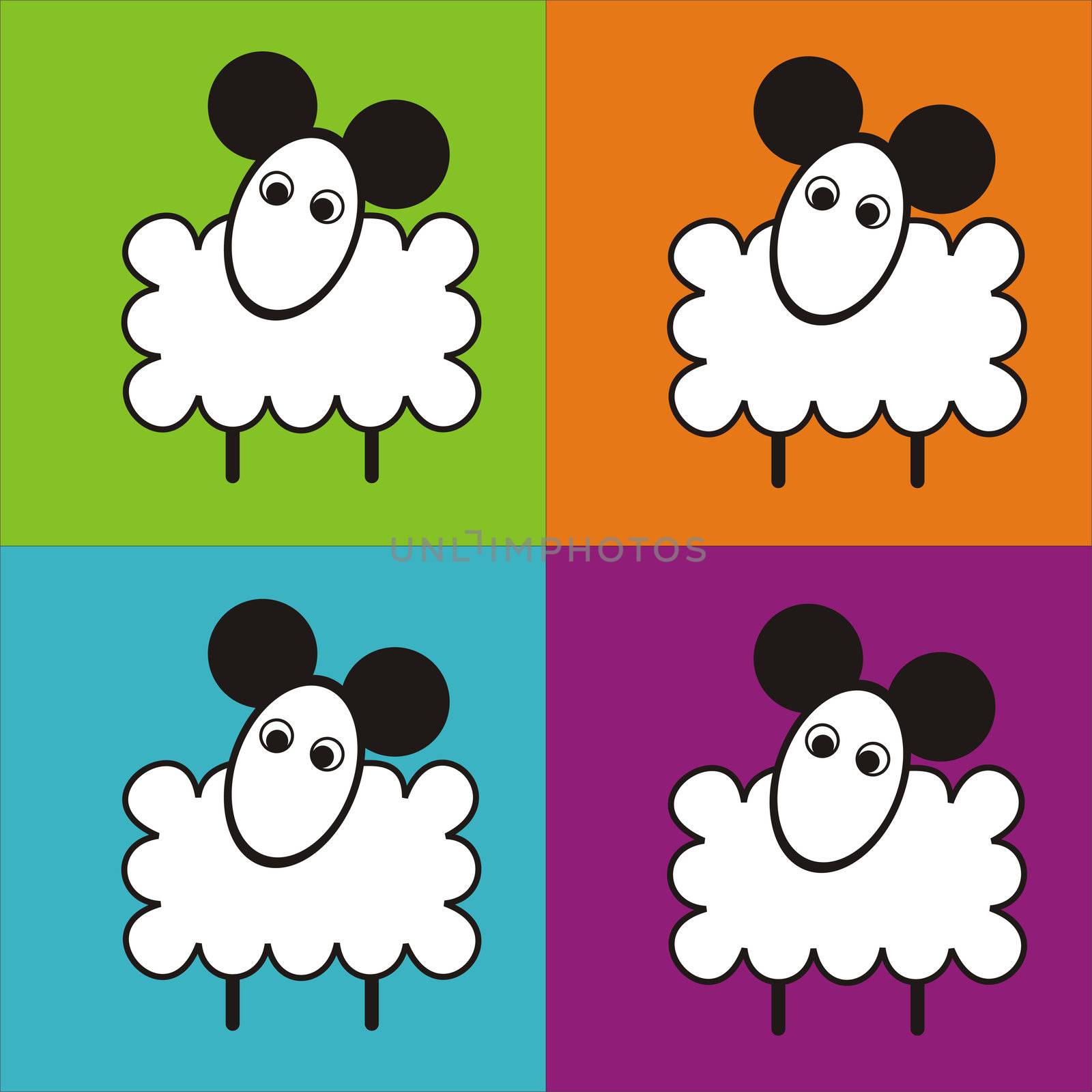 Four Cartoon Sheep with big eye in Black and White and Color Background