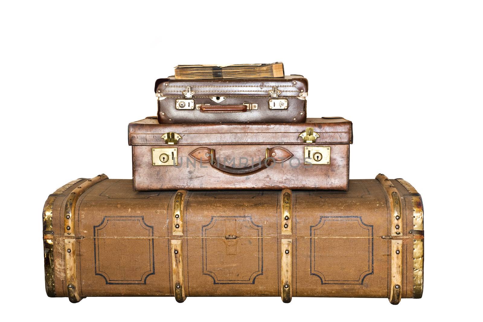 Three old leather suitcases isolated on white by tish1