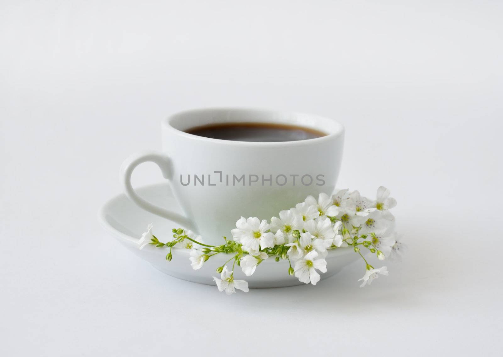 A cup of black coffee with flowers on a gray background