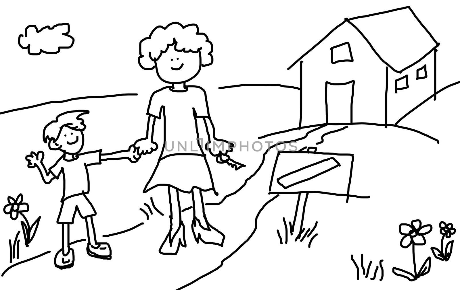 Large childlsh cartoon characters: Mother and son happy in front of their new house with blank sign by the road