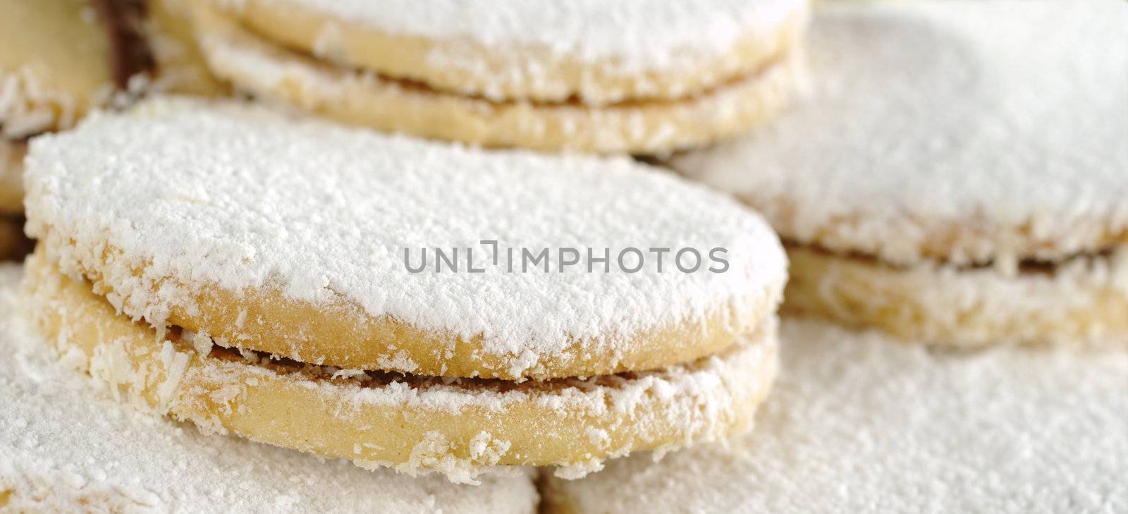 Closeup of Peruvian cookies called Alfajor filled with a caramel-like cream called Manjar and with sugar powder on top (Very Shallow Depth of Field, Focus on the front)