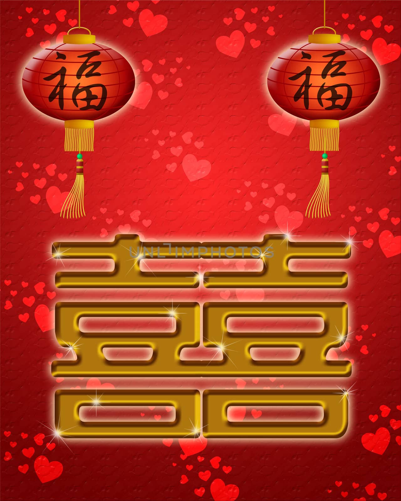 Chinese Wedding Double Happiness Symbol with Lanterns on Red Hearts Background