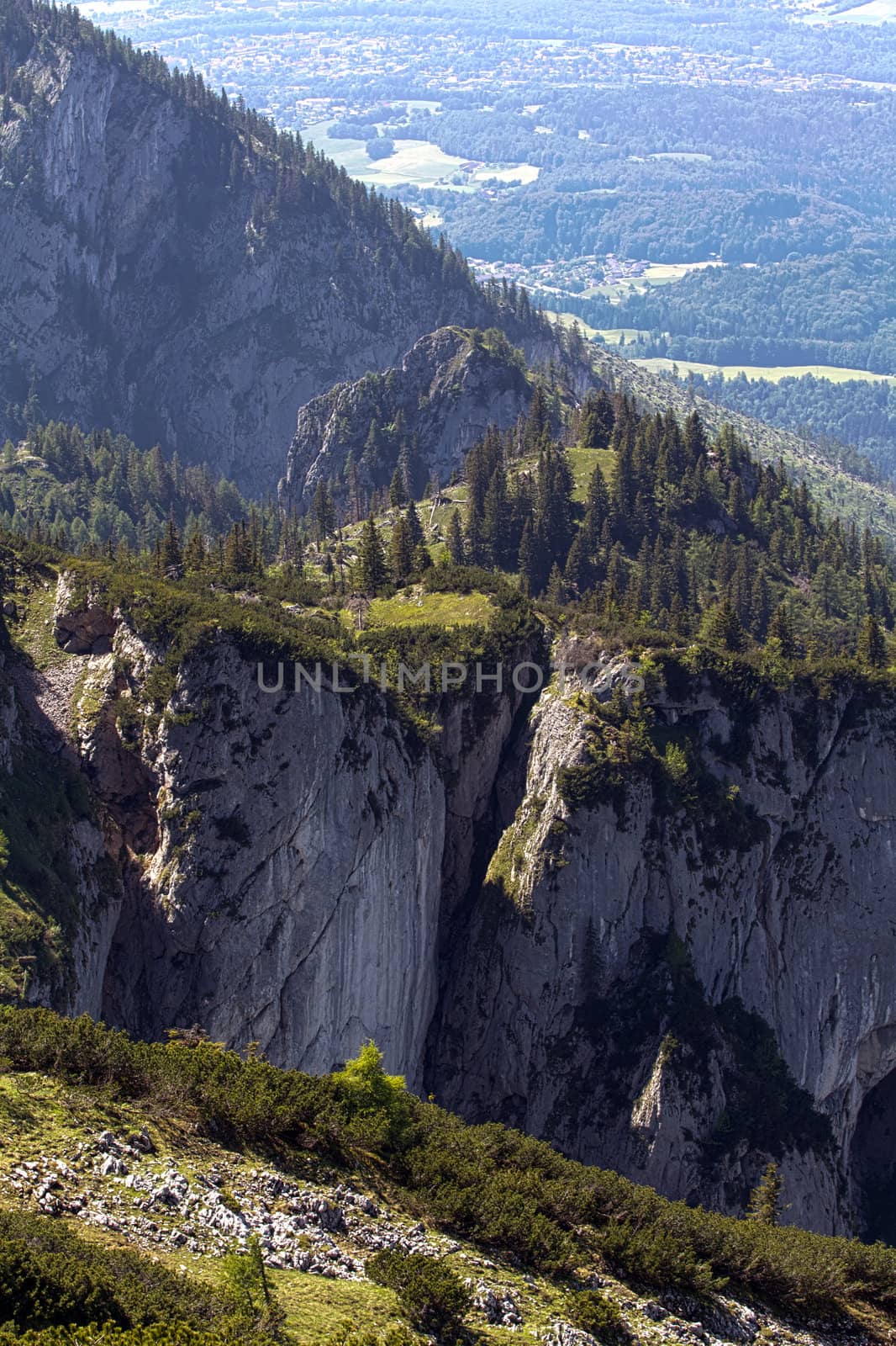 The Alpine mountains of Austria below the warm sun of summer