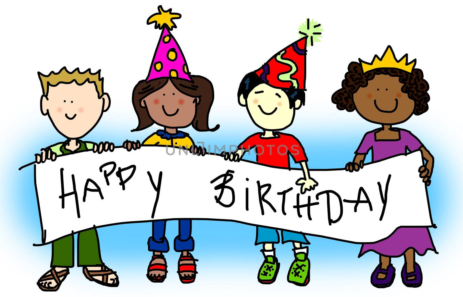 Large childlike cartoon characters: little kids, boys and girls, holding a very big blank banner and wearing party hats.