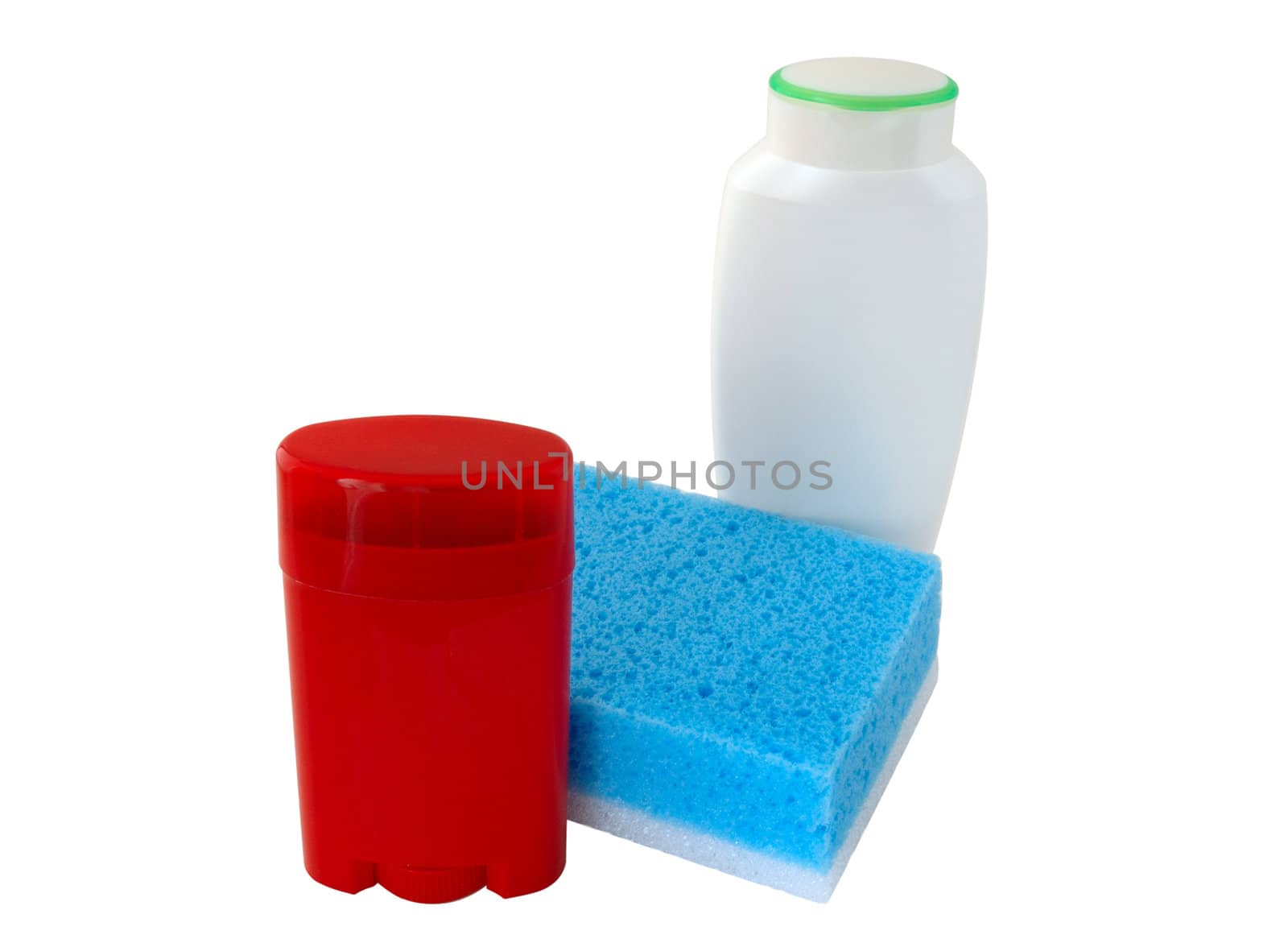 Bath collection. Red deodorant, white shower-gel (or shampoo) and blue sponge.