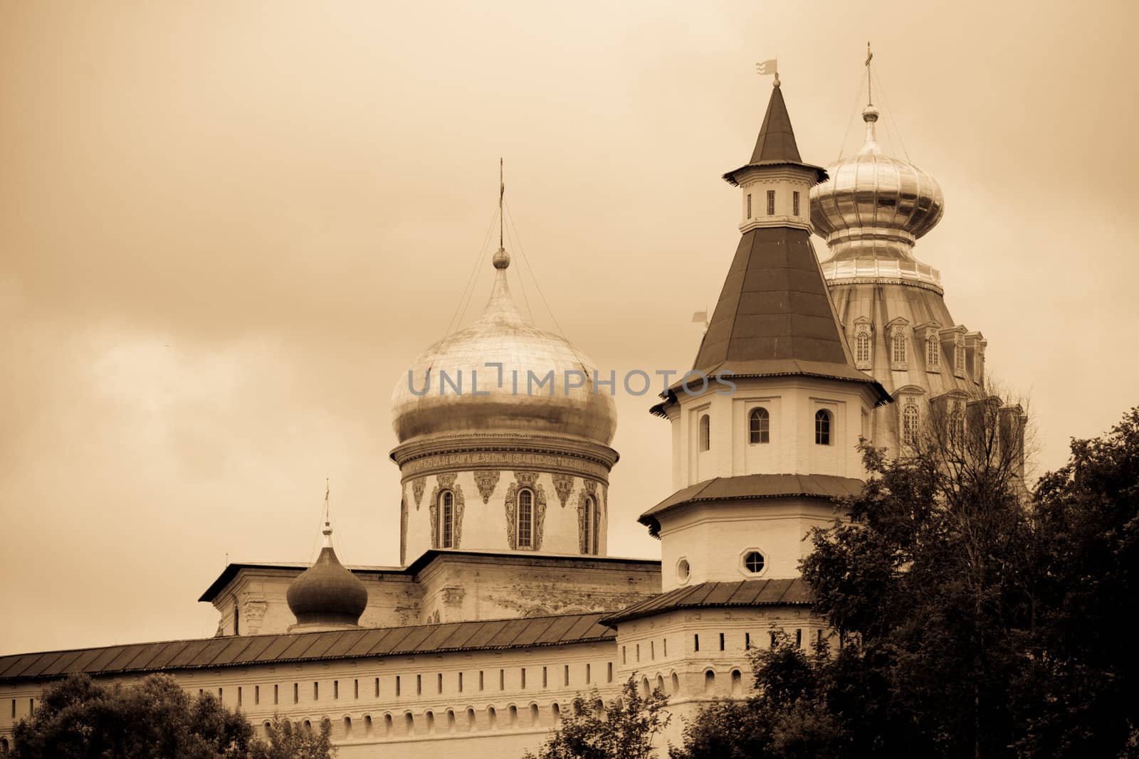 aged photo: tower and churches in monastery New Jerusalem 
