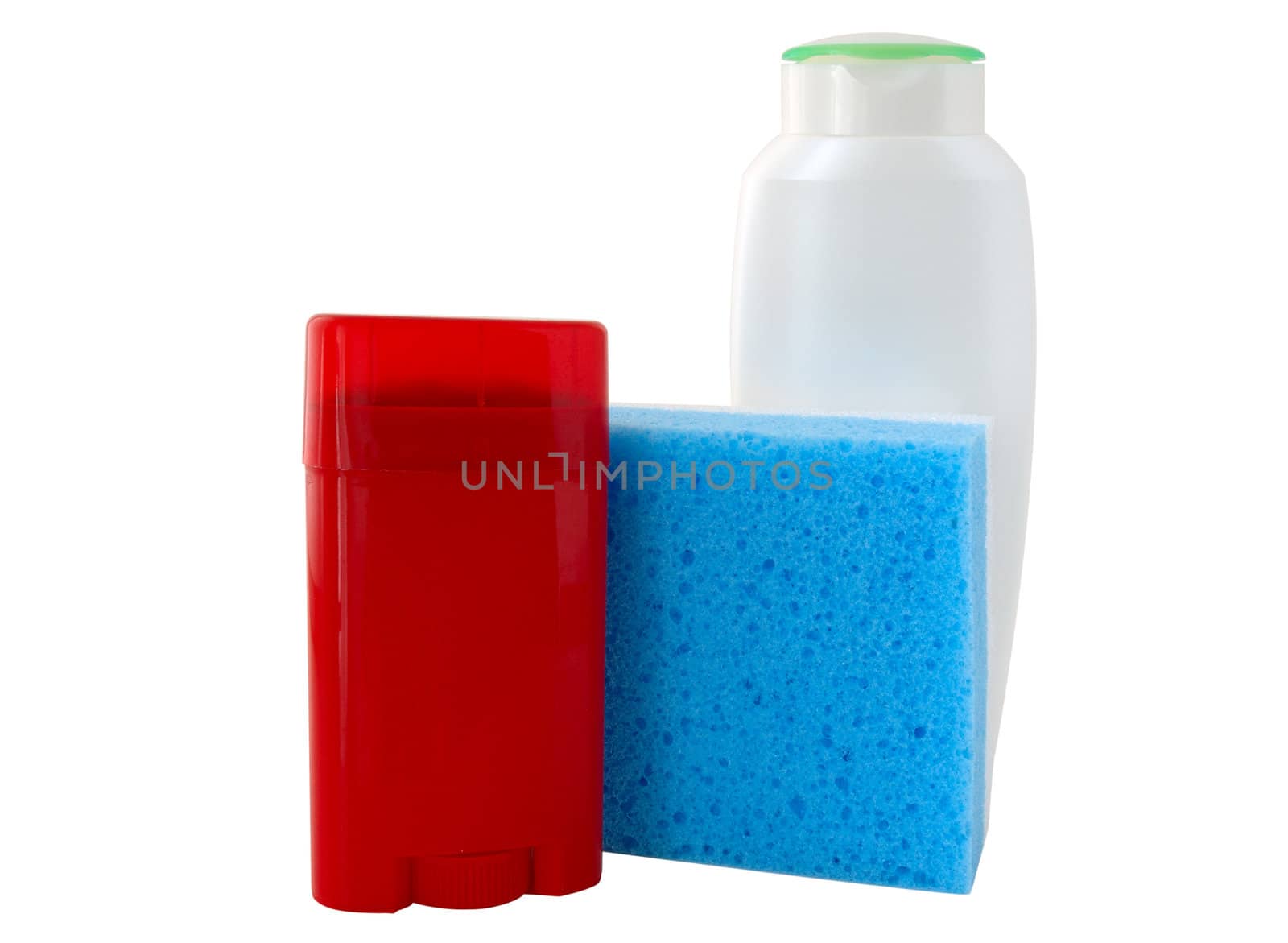 Bath collection. Red deodorant, white shower-gel (or shampoo) and blue sponge.