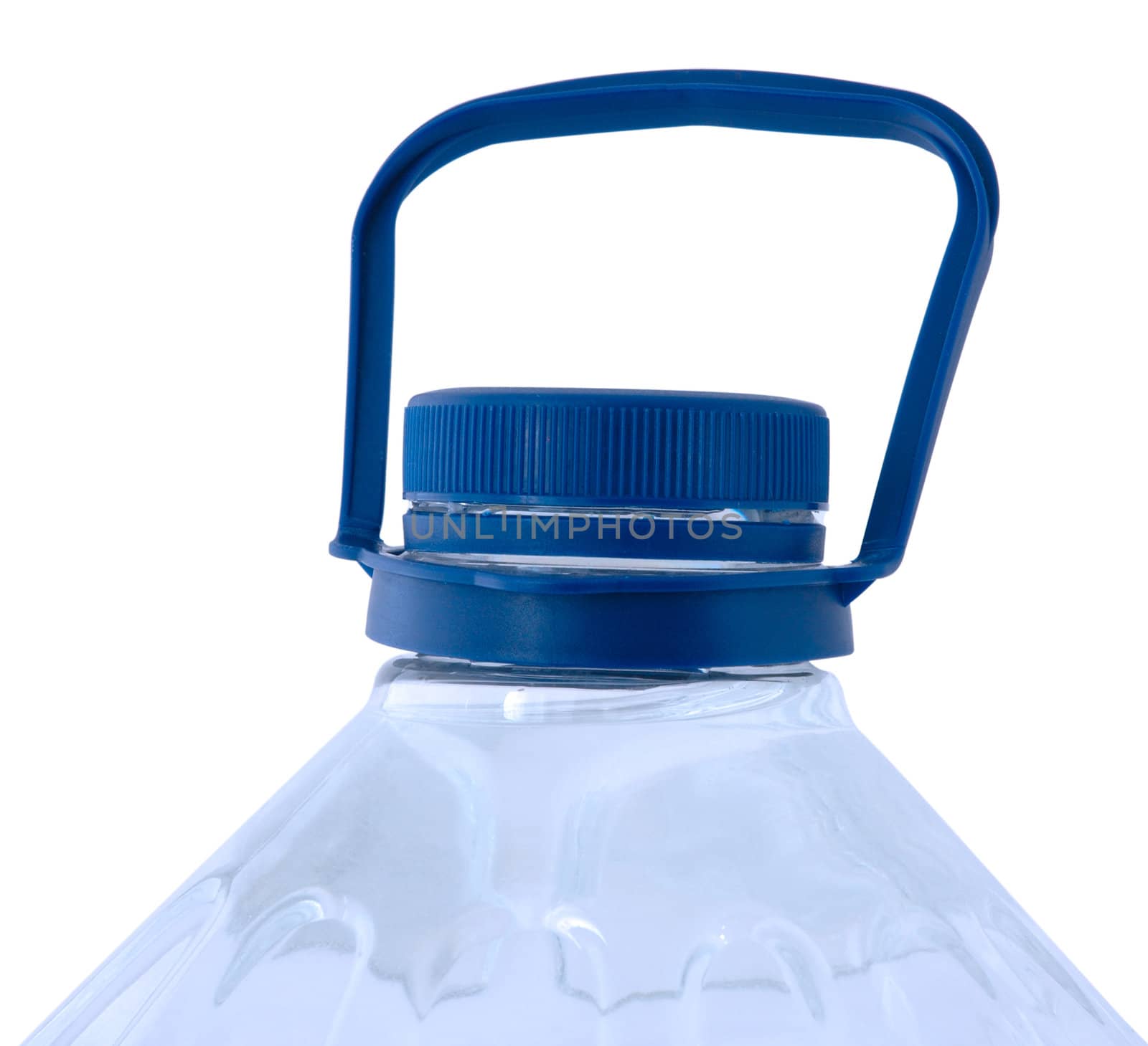 Bottled pure water in blue transparent plastic bottle.