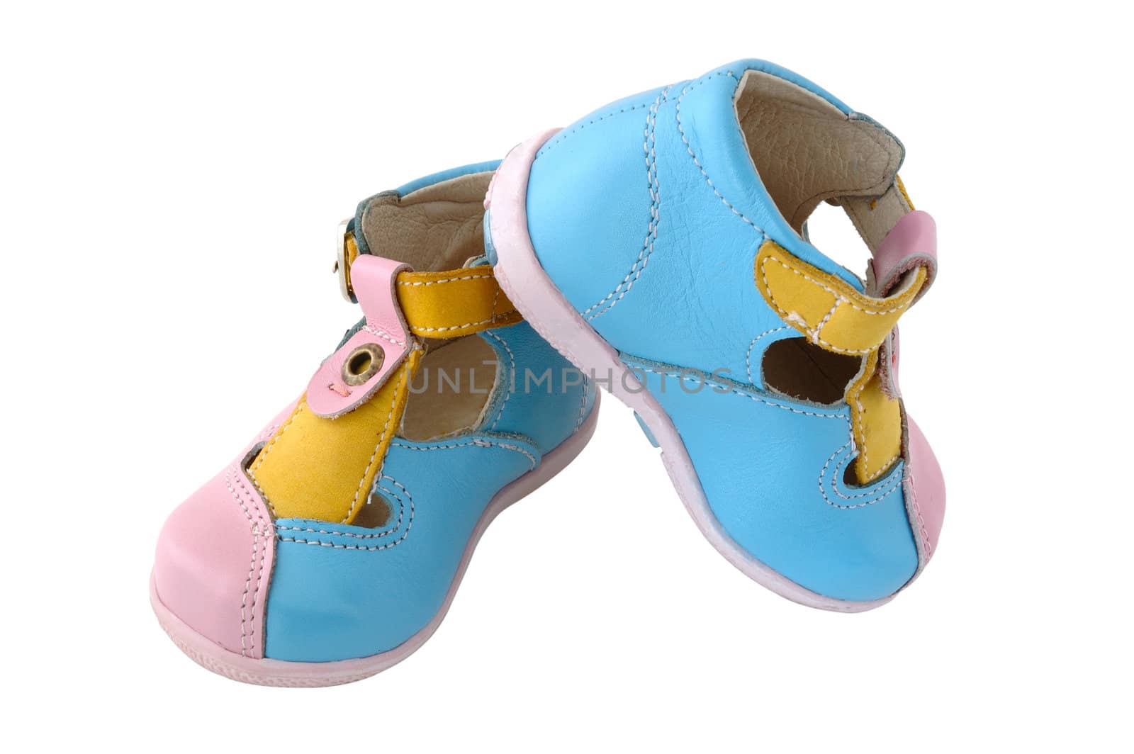 Baby's summer leather boots. Coloured in bright colours - pink, blue and yellow.